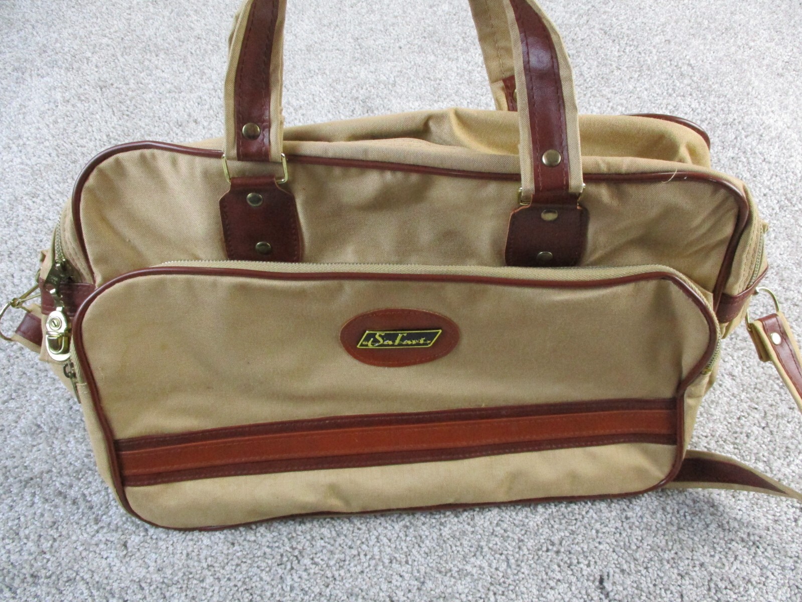 VINTAGE Safari Canvas Bag Khaki Carry On Top Handle Should Strap 70s 80s GUC