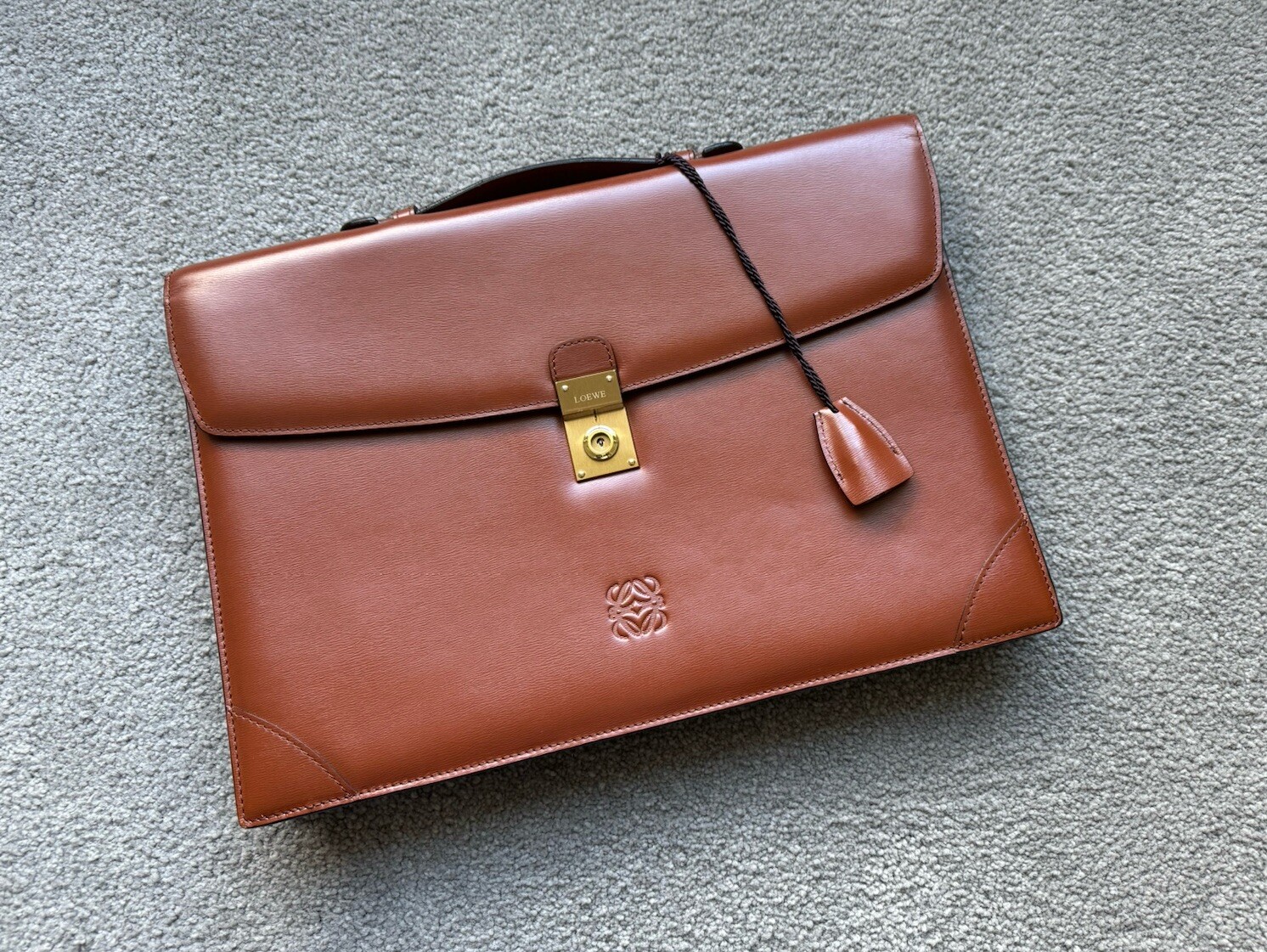 LOEWE Brown Leather Briefcase Document Laptop Bag with Lock & Key Spain