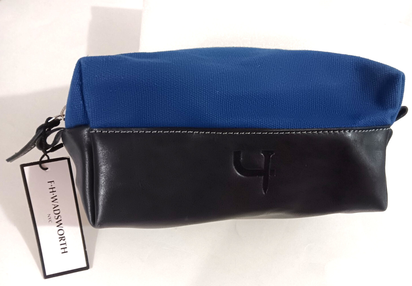 F H Wadsworth men’s toiletry bag blue canvas black leather Travel Bag 10”x4.5”
