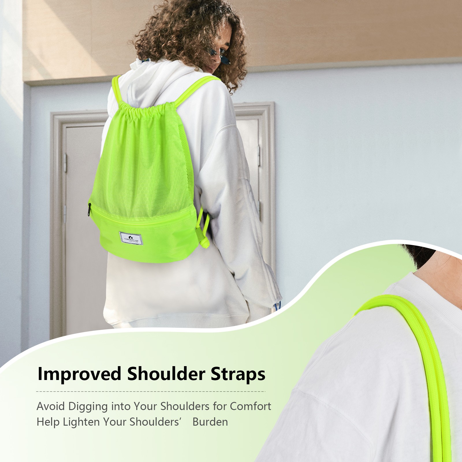 Costway Drawstring Backpack String Bag Folding Sports Sack w/Zipper Pocket Green