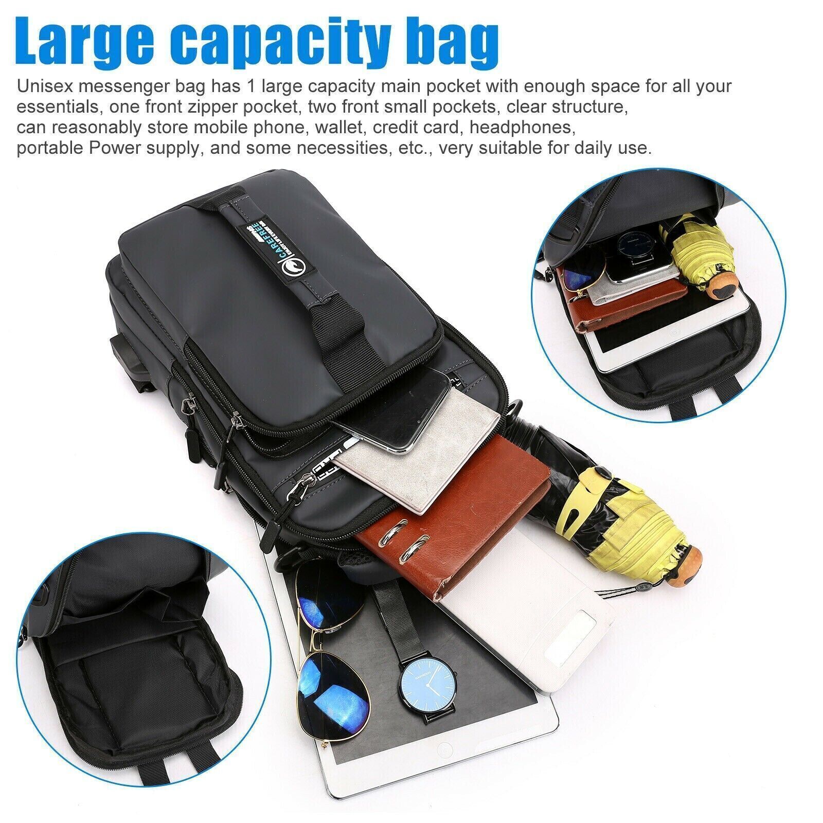 Anti-theft Chest Shoulder Messenger Backpack Men Sling Crossbody Bag USB Port US