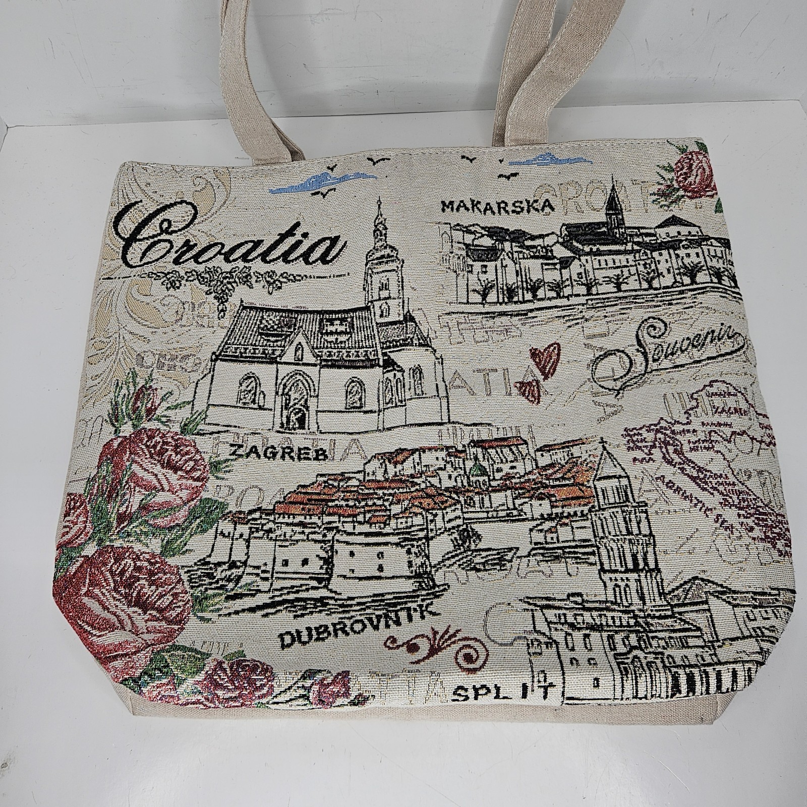 Croatian Canvas Embroidered Travel Tote Bag Travel Stamp European Zipper Pocket