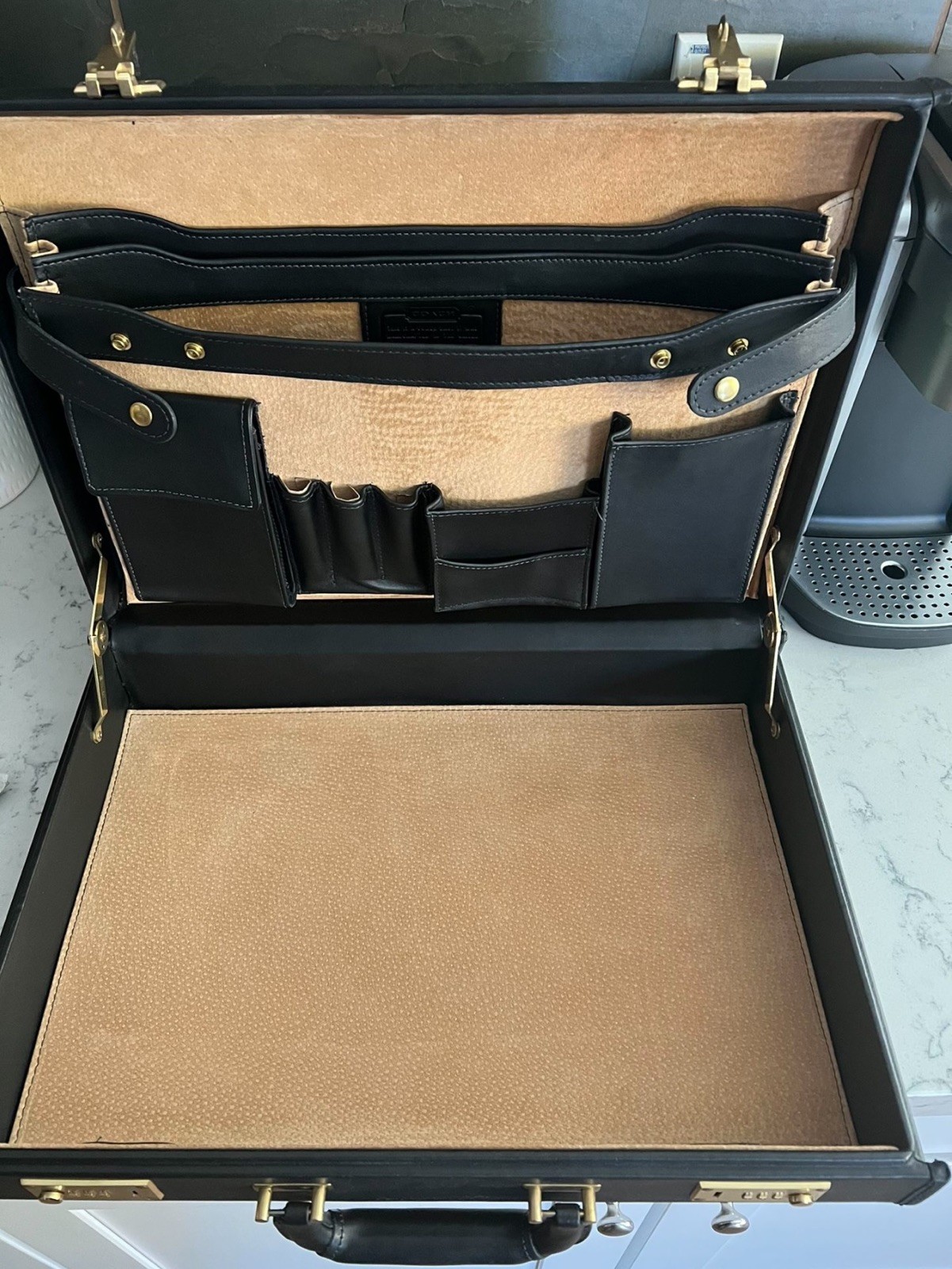 Coach Black Leather Hard Sided 4.5″ Briefcase Rare NOS Vintage Made In The USA.