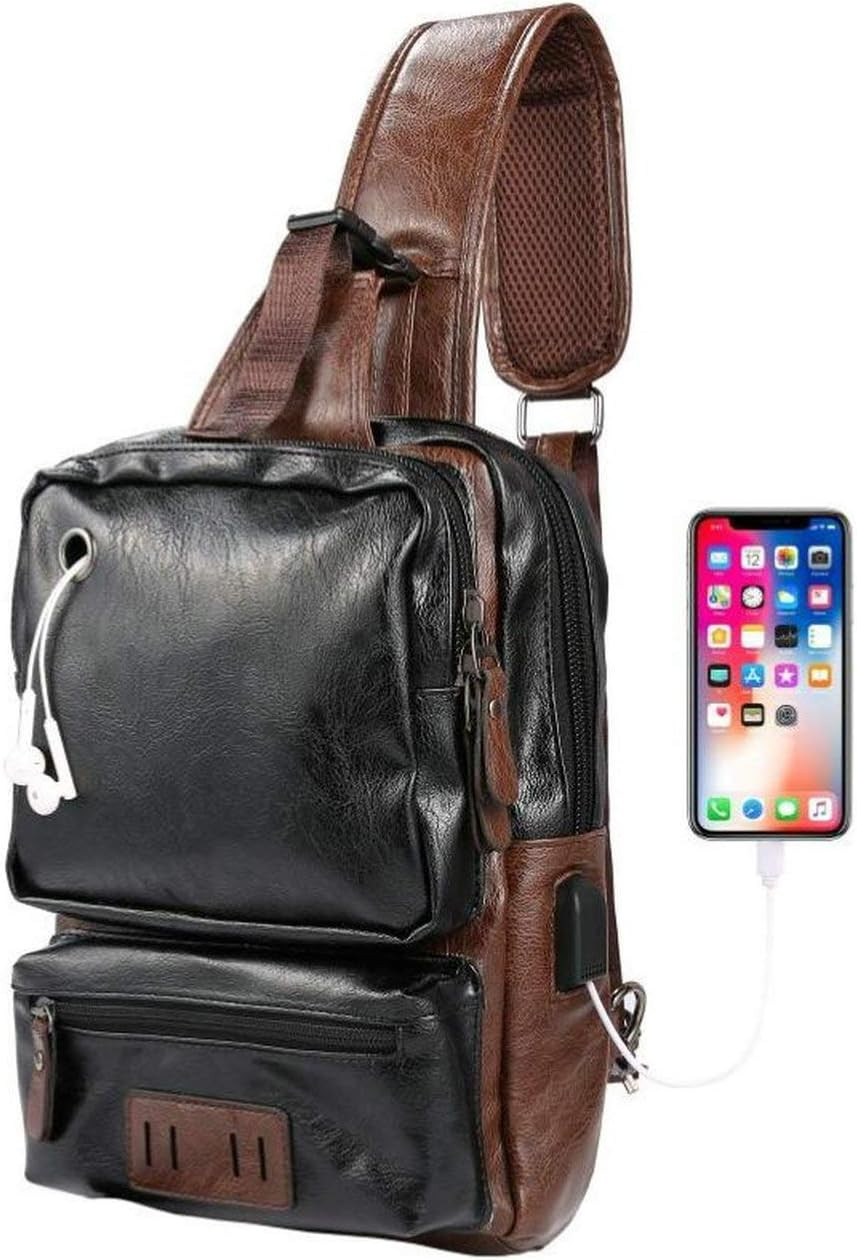 Men’S Lightweight PU Leather Sling Bag – Breathable Crossbody Pack with USB Char
