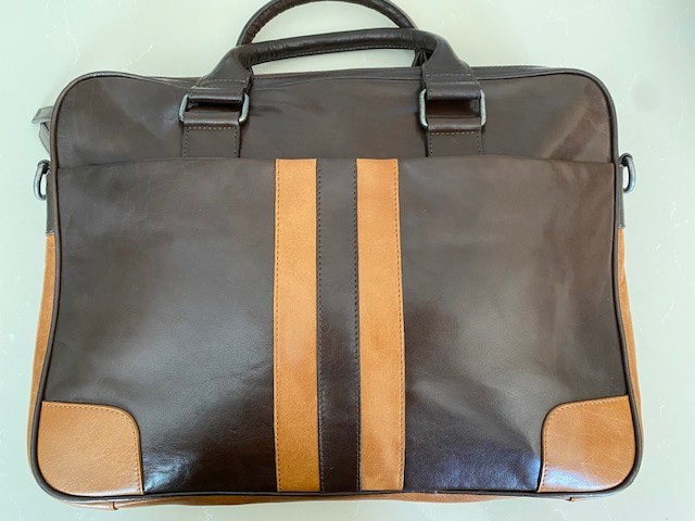 Joseph Abboud Brown/Tan Rustico Leather Handbag with Pockets and Adj Strap