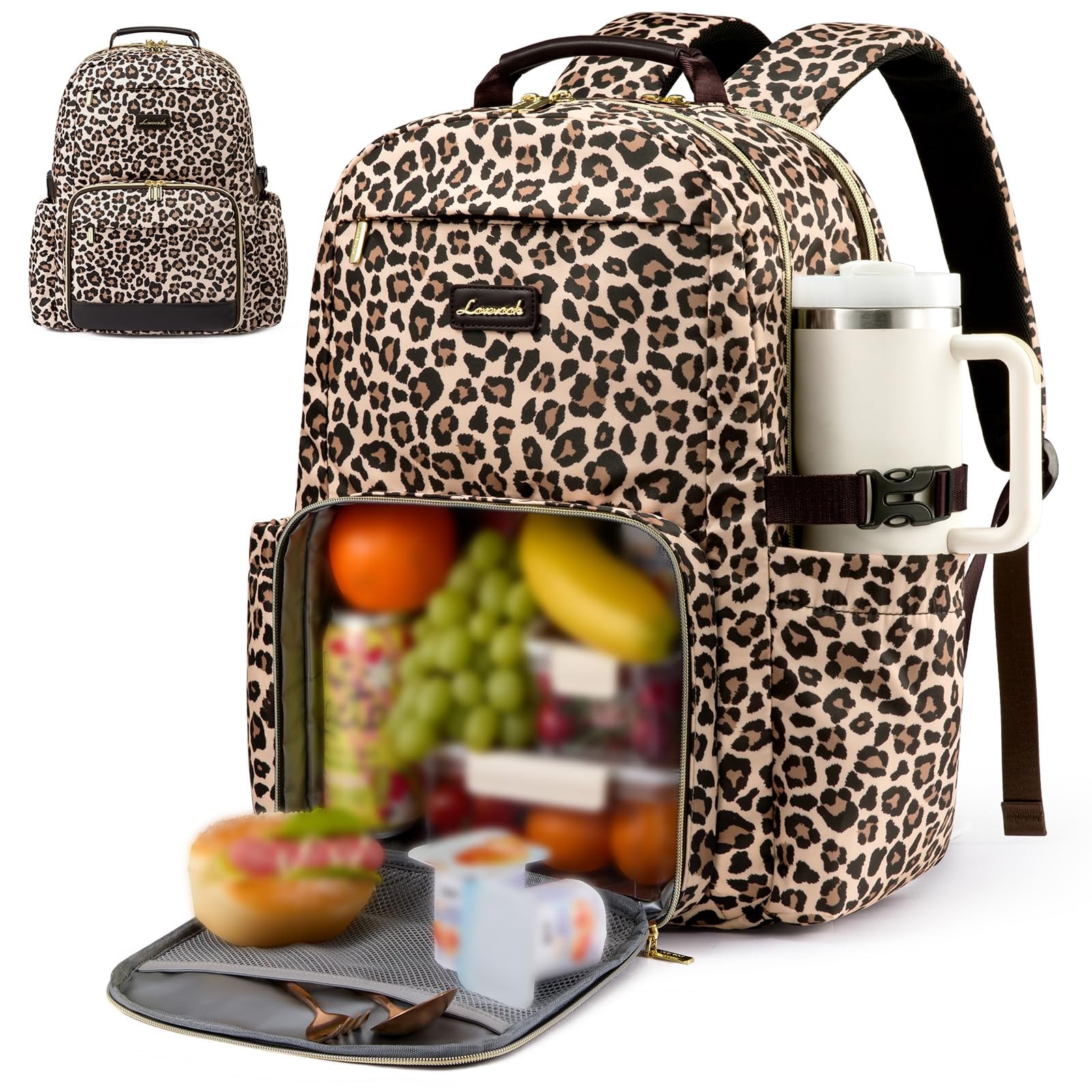 LOVEVOOK 17in Laptop Lunch Backpack Insulated Cooler Bag, Leopard Print