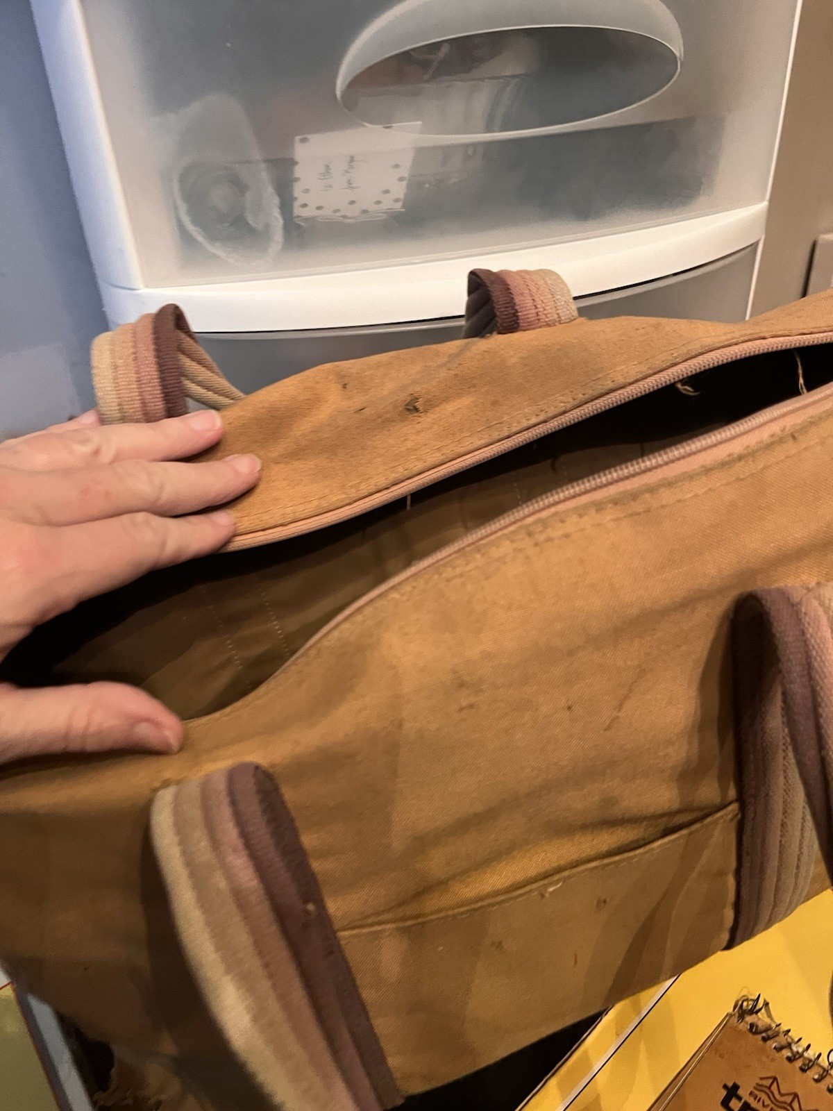 Vintage 1970’s Distressed Tan Canvas Duffle Bag Leather Straps Used With Holes