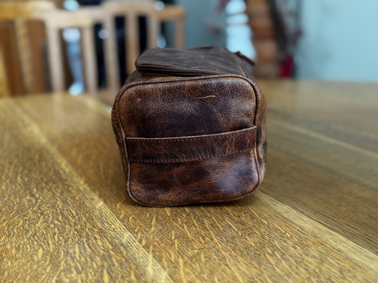 medium size Grain Leather Dopp Kit Shaving Toiletry Travel Bag Brown