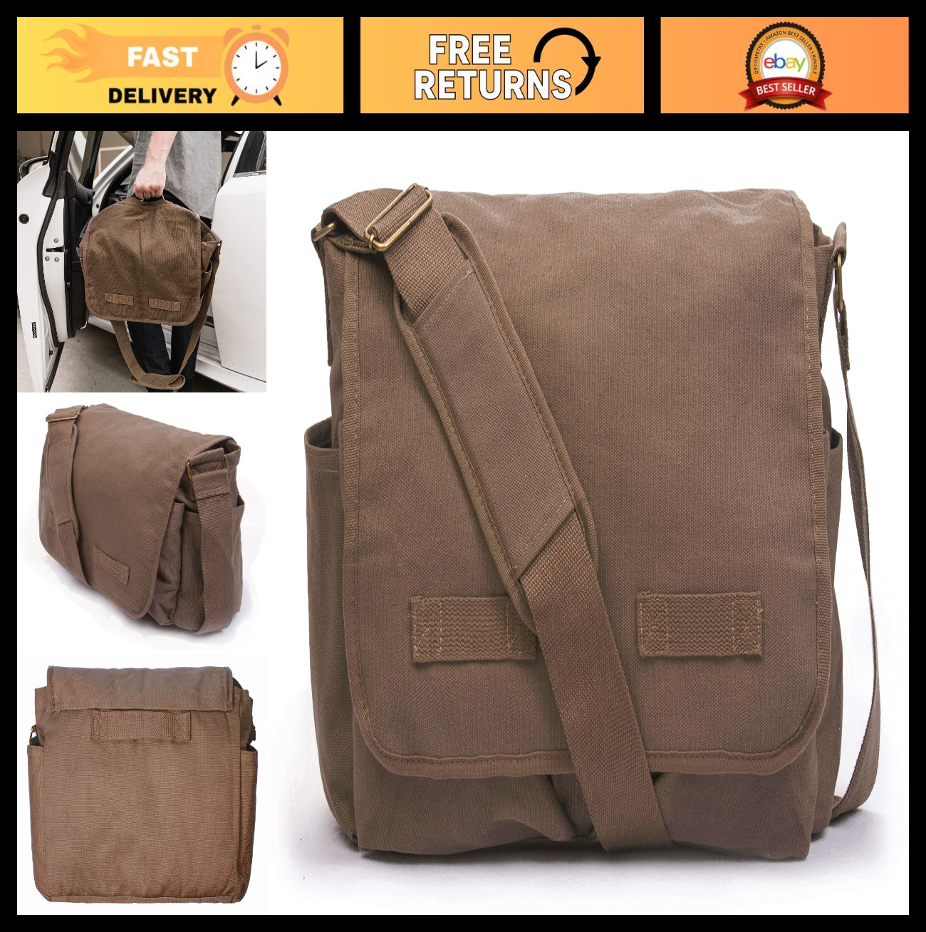 Vintage Messenger Bag – Heavyweight Cotton Canvas Shoulder Bag with Upgraded Fea