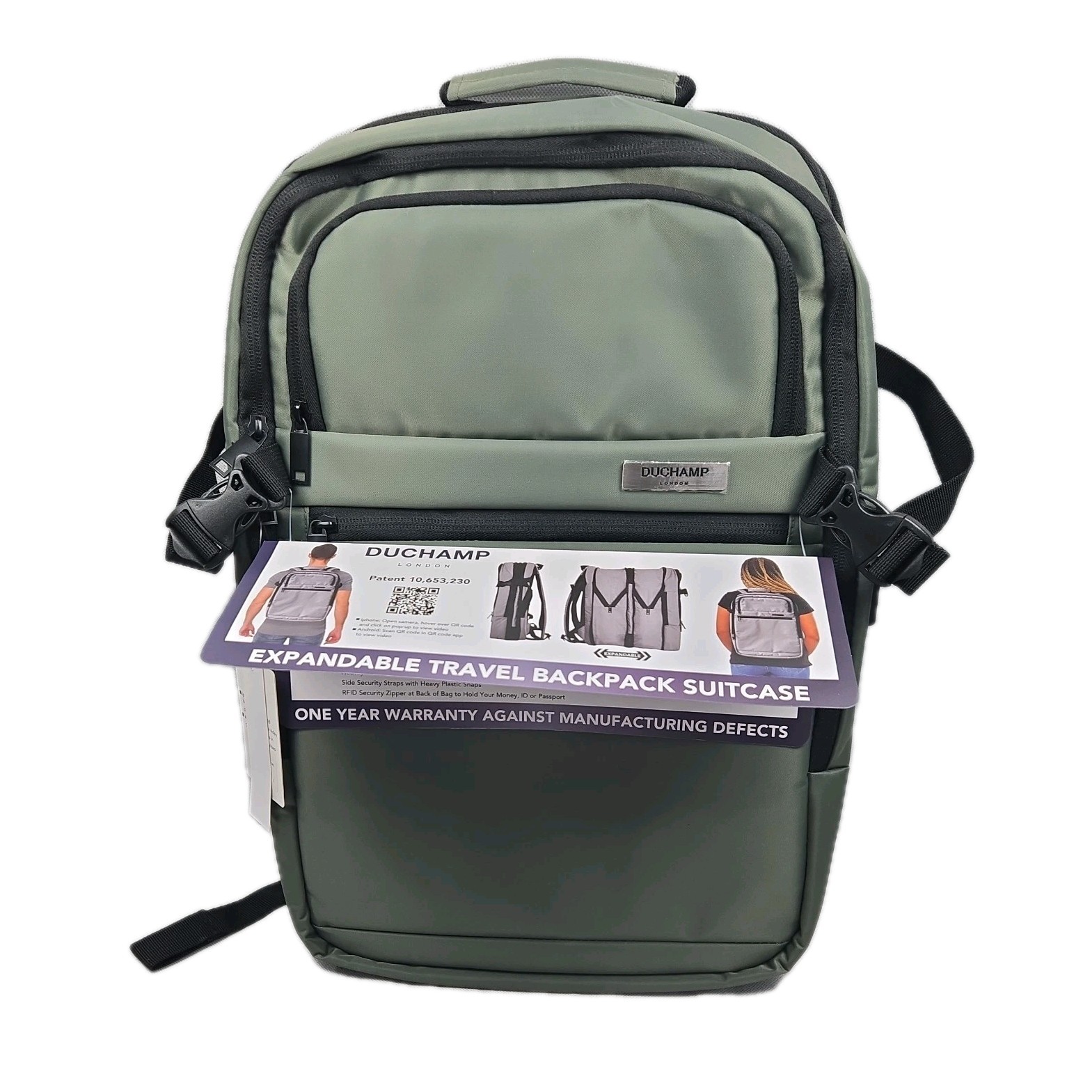NEW Duchamp London Expandable Carry-On Travel Backpack suitcase USB THYME