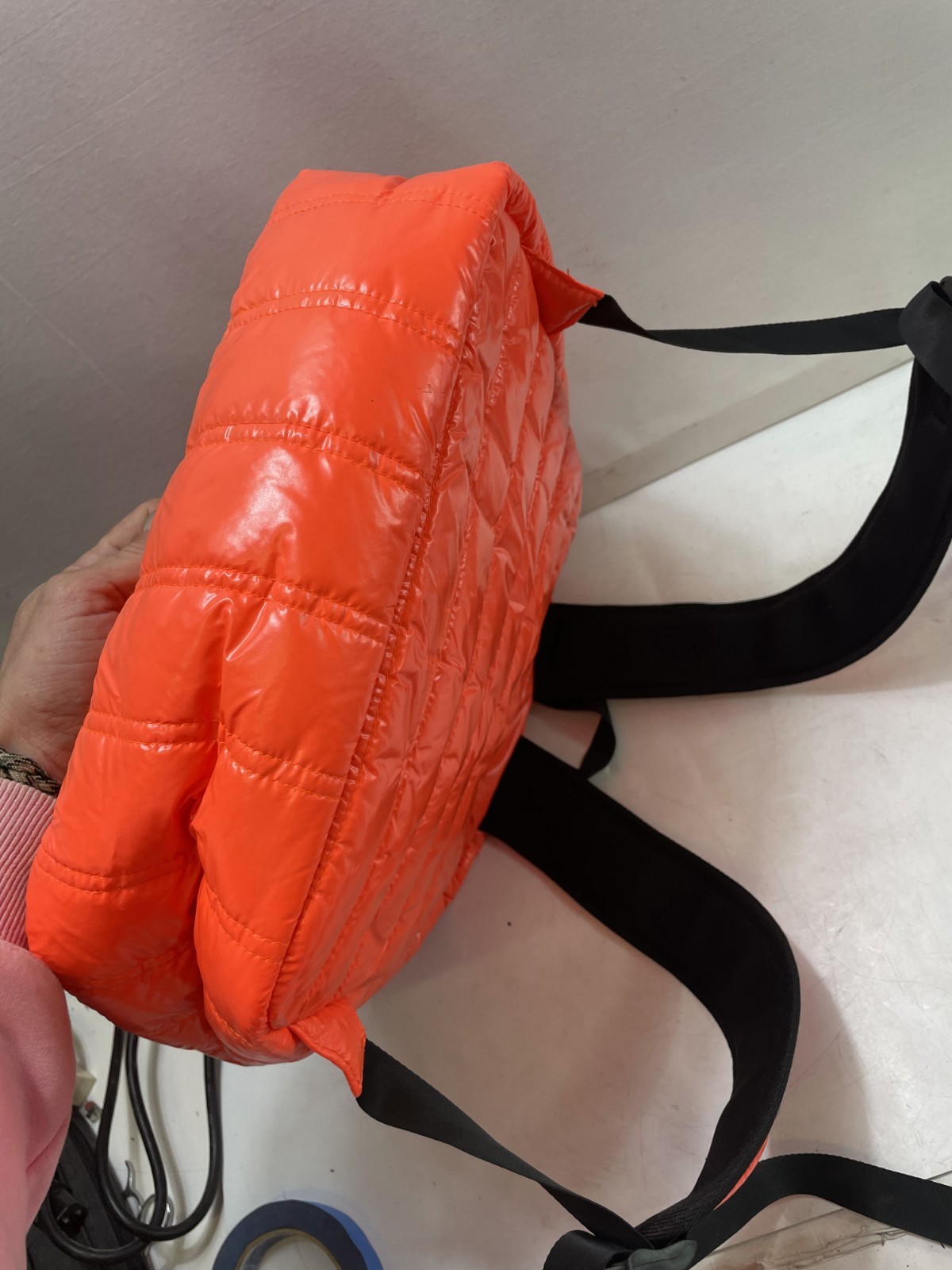 Triple Gear Quilted Backpack Orange Lightweight Synthetic Fabric Love Rock Patch