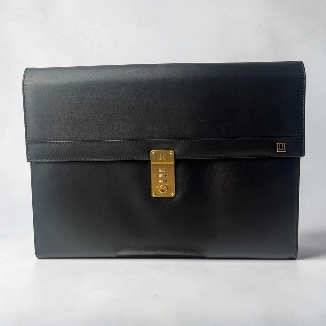 Dunhill Large Clutch Bag Second Bag Black Leather Dial Lock A4 Flap Men’s
