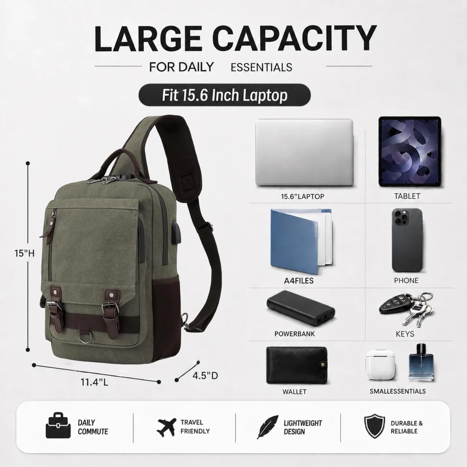 Sling Bag Large Capacity: Crossbody Bag for Men Fits 15.6 Inch Laptop A4 Files w