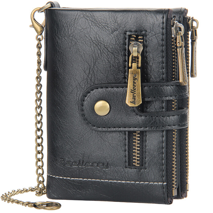 Men RFID Blocking Leather Double Zipper Coin Pocket Wallet with Anti-Theft Chain