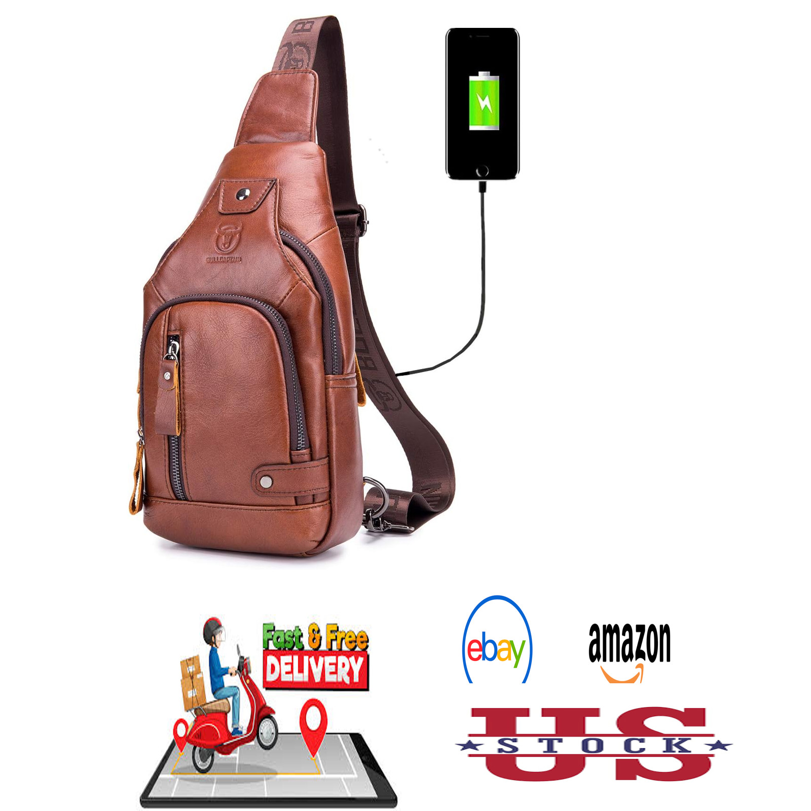 Genuine Leather Sling Bag for Men with USB Charging Port and Multi-Pockets