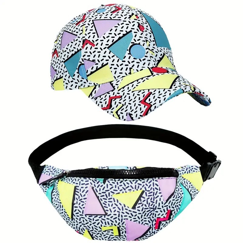 New 80’s 90’s Retro Hat And Fanny Pack Waist Pack 2 Piece Set Costume
