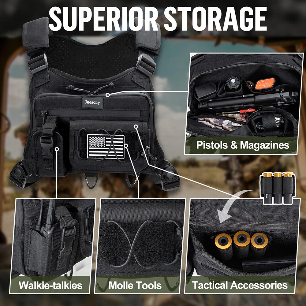 Black Tactical Combat Chest Rig Bag Front Pouch Recon Pack Sport Protective Vest