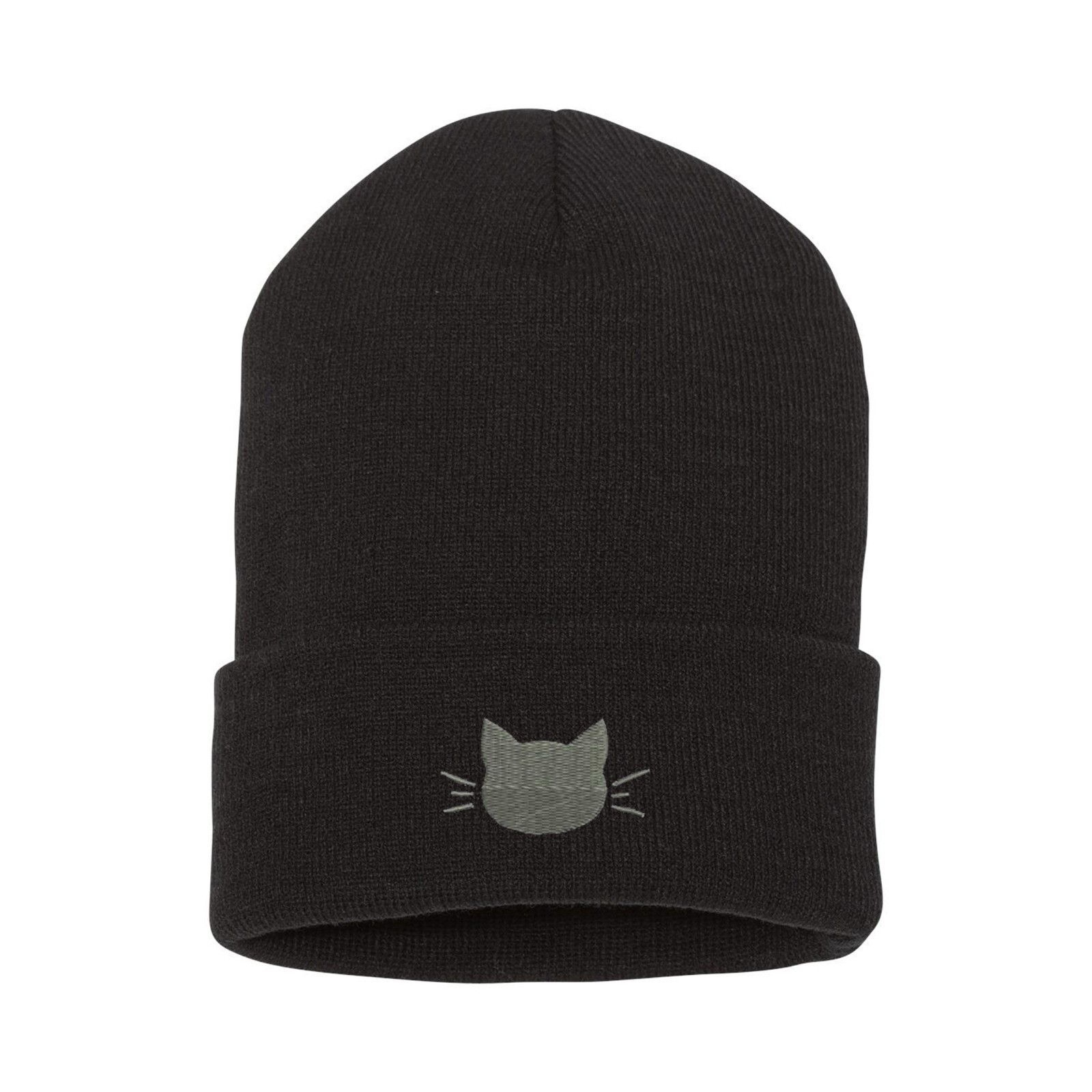 Gray cat face embroidered black beanie hat, embroidery winter beanie