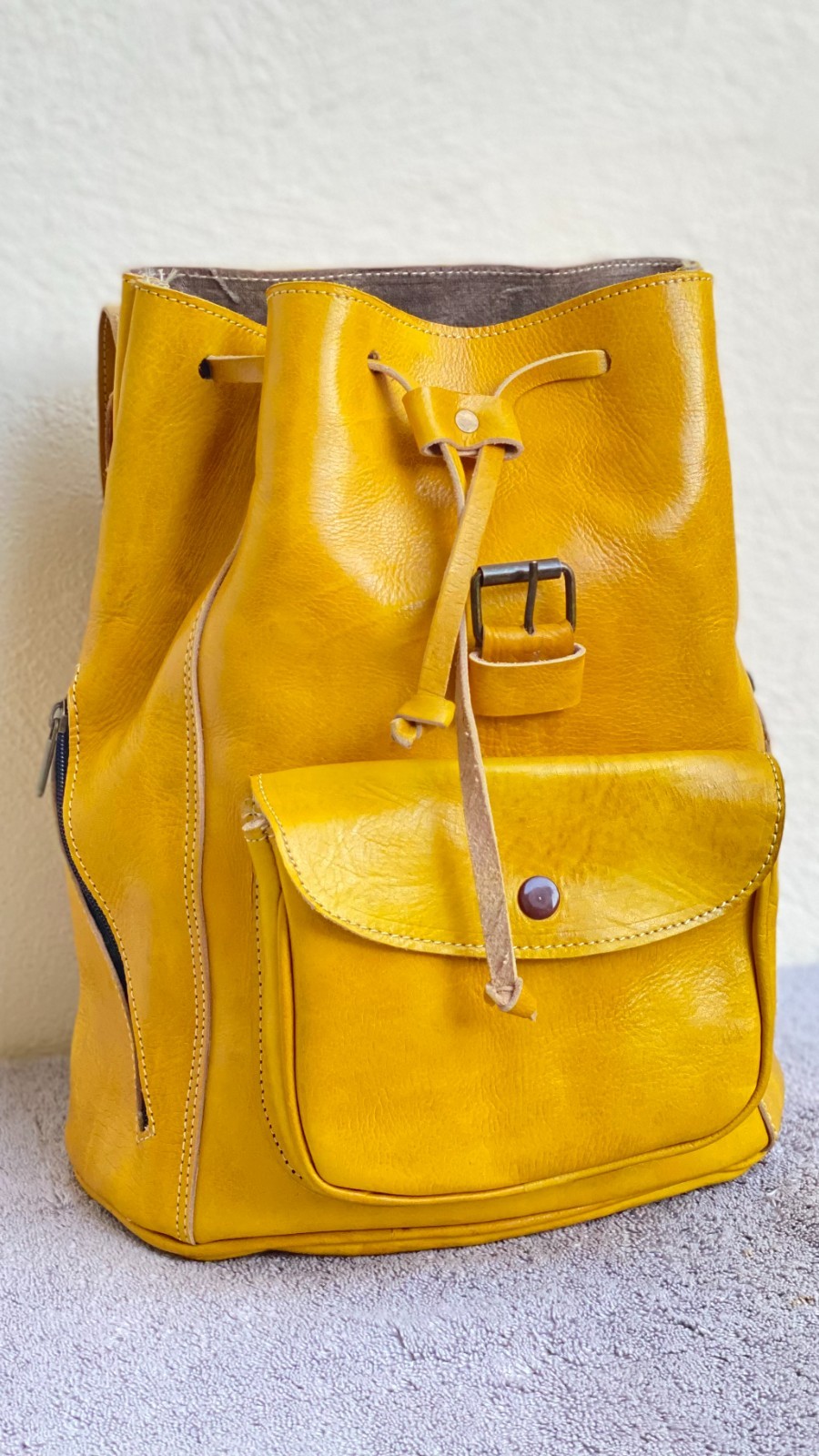 Yellow Leather Backpack Handmade Morocco Belt Buckle Front Back Pocket