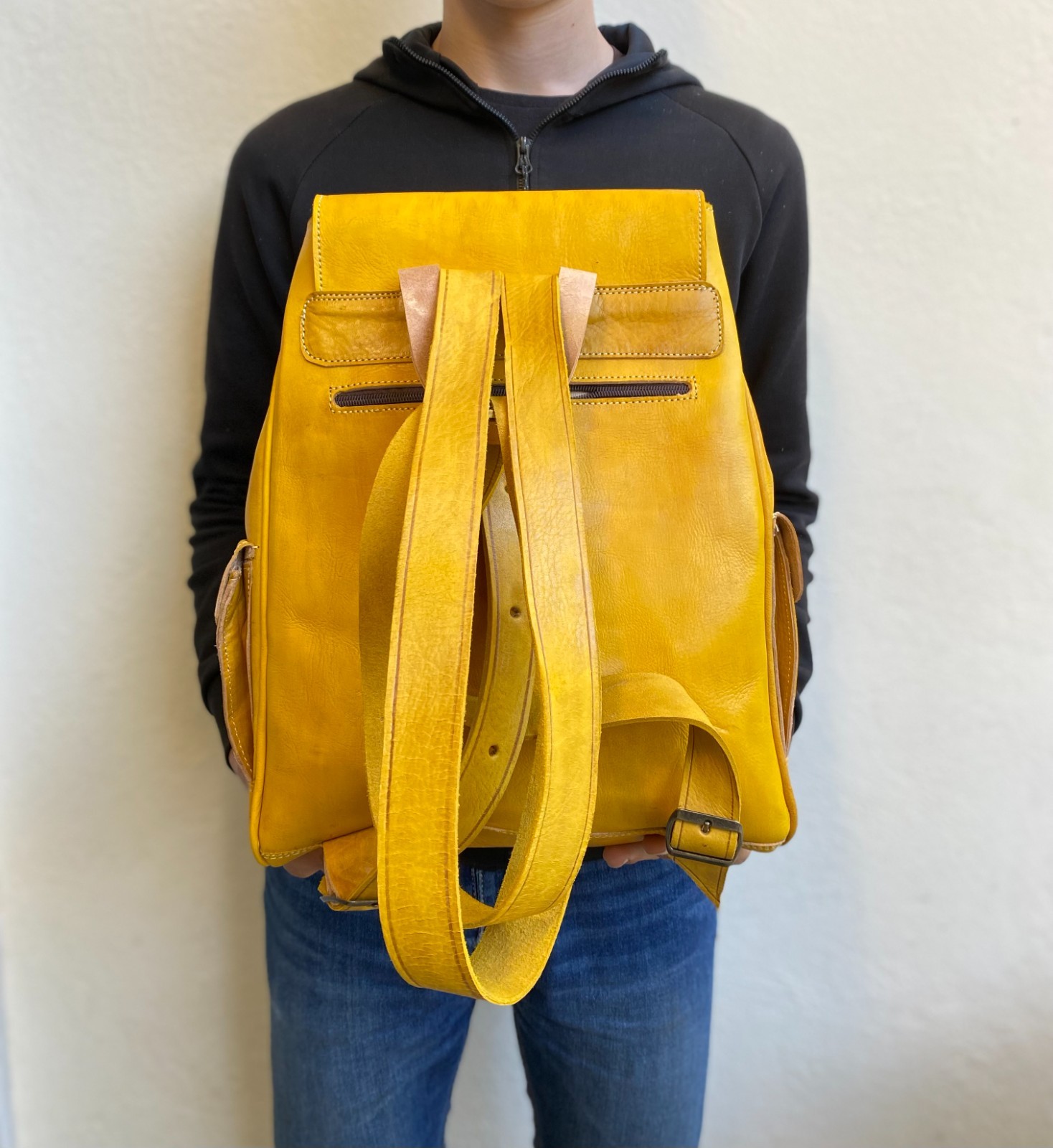 Yellow Leather Backpack Handmade Morocco Belt Buckle Front Back Pocket