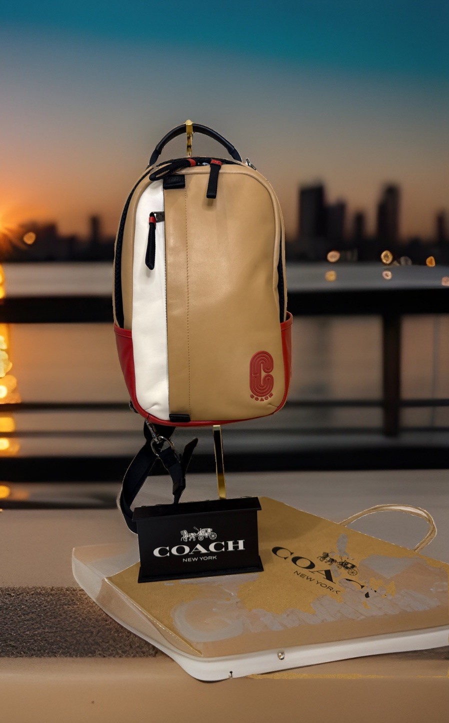 Coach Leather Racer Sling Pack – Unique Tan/Red/White ColorBlock Edition ~MC~
