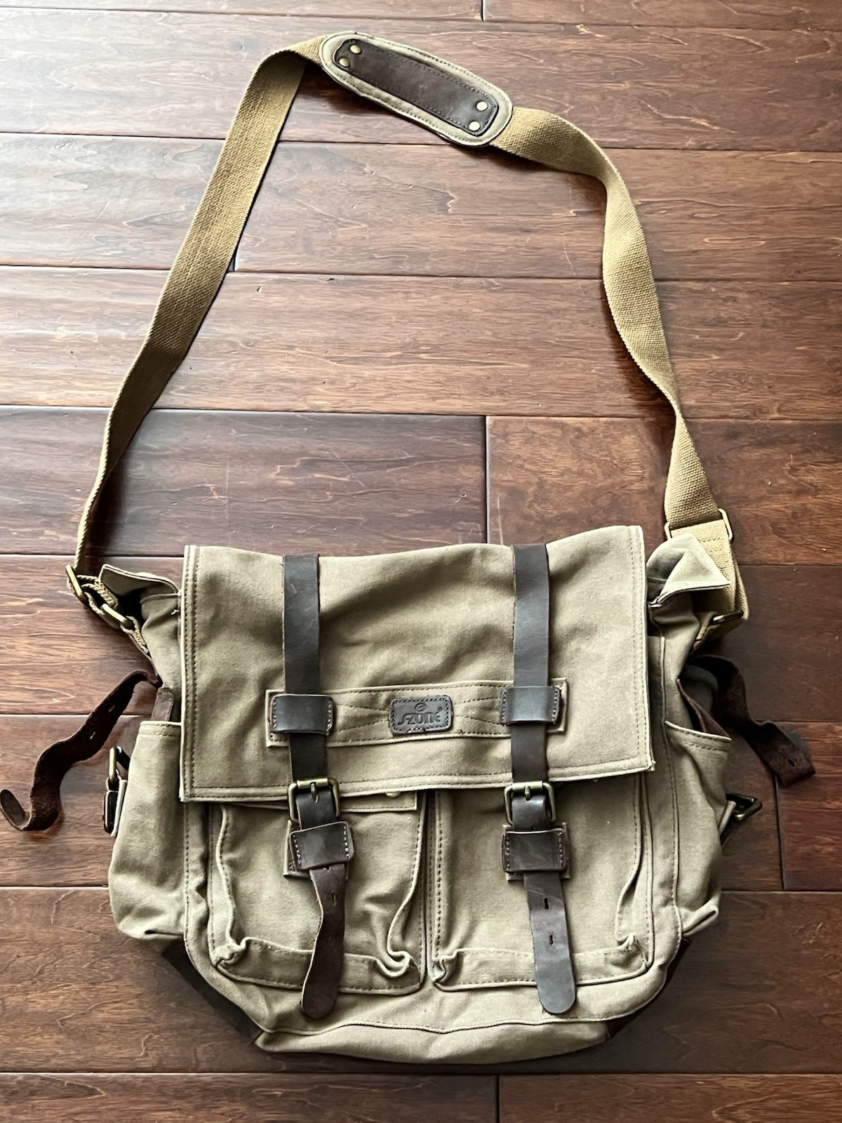S-ZONE Brown Leather Canvas Zip Button Multi Pocket Shoulder Strap Messenger Bag
