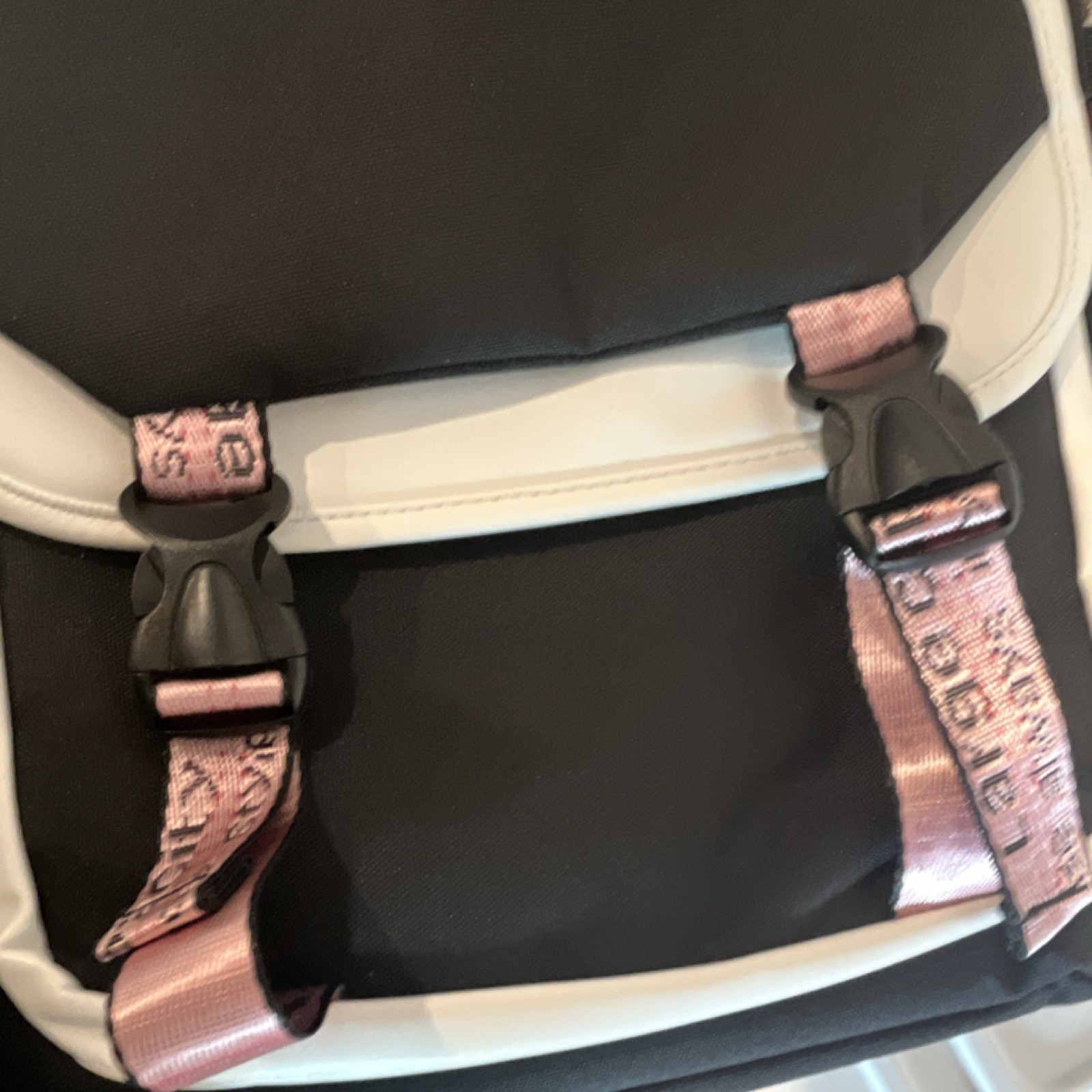 Bevalsa Black White Pink Backpack with USB Port, Audio Pocket, Adjustable Straps