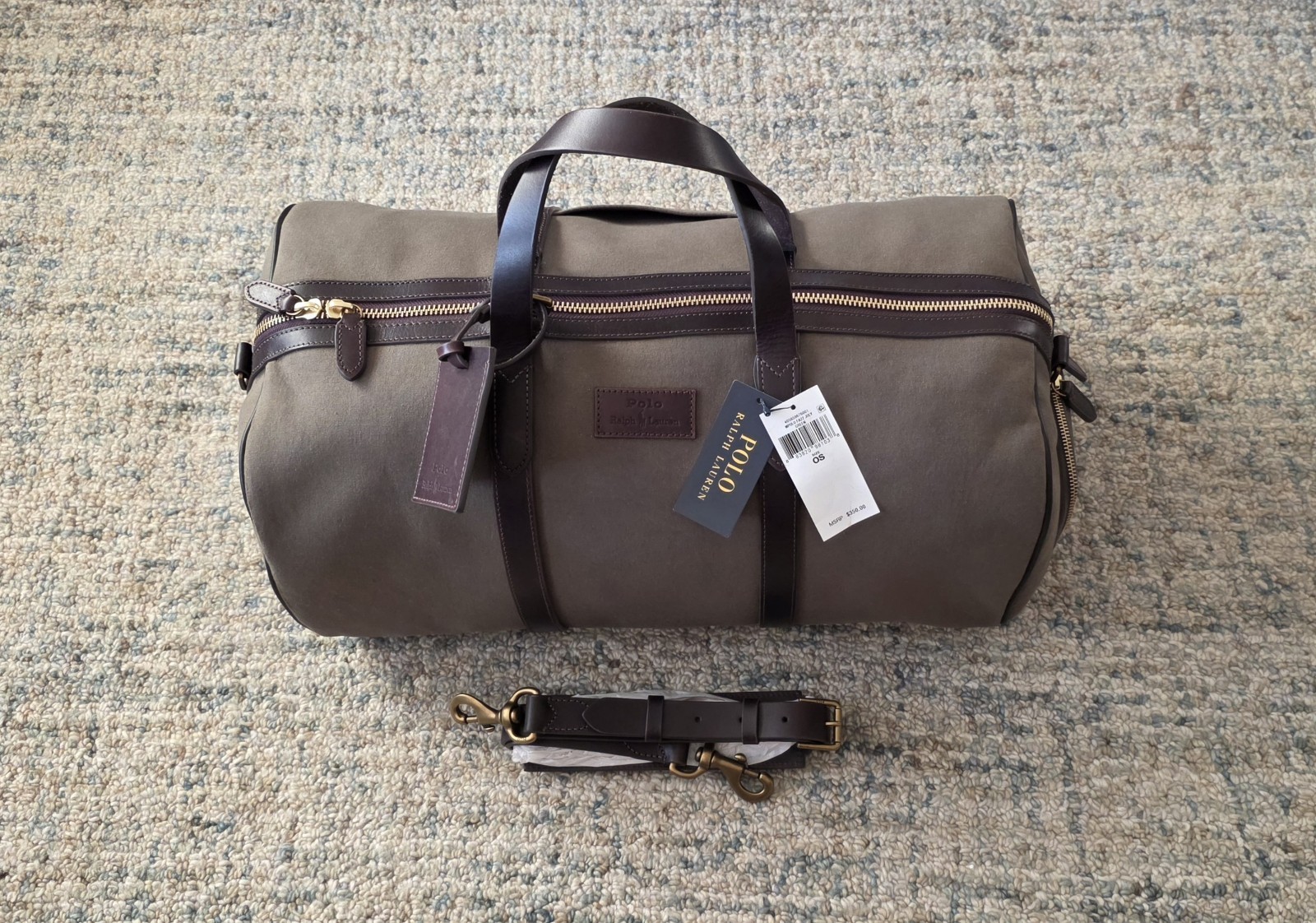 NWT 2022 POLO RALPH LAUREN CANVAS CANOPY OLIVE GREEN LEATHER WEEKEND DUFFLE BAG