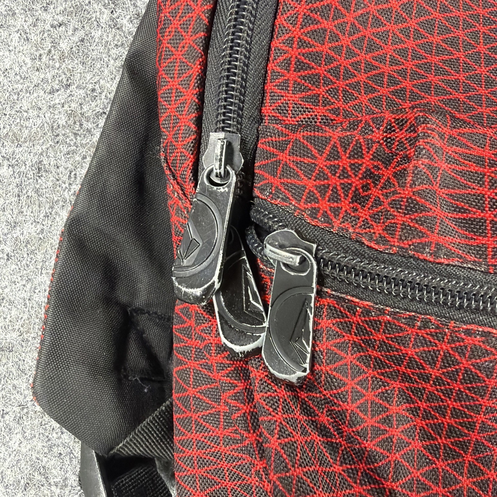 VOLCOM Stone Logo Backpack Red Black Geometric Crosshatch Grid Skate School Bag