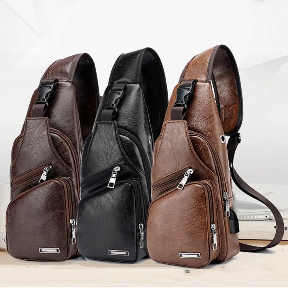 USB data cable charging chest bag casual fashion shoulder bag PU outdoor sports