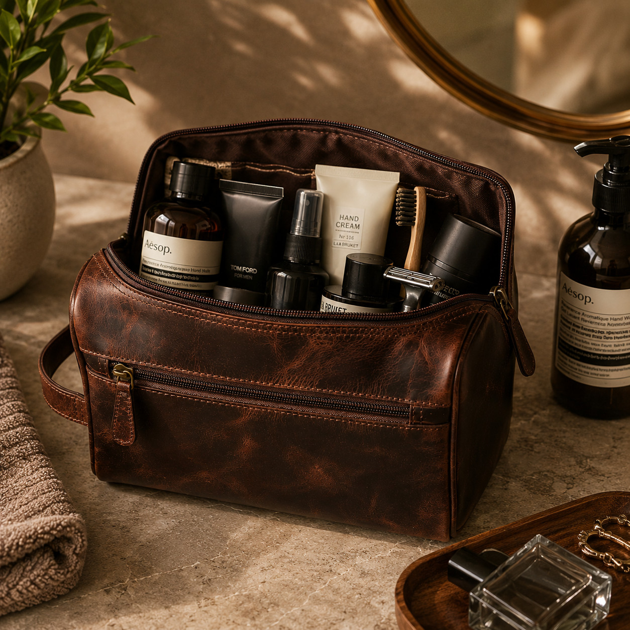 Premium Leather Toiletry Bag Travel Dopp Kit Men’s Shaving Wash Bag Brown