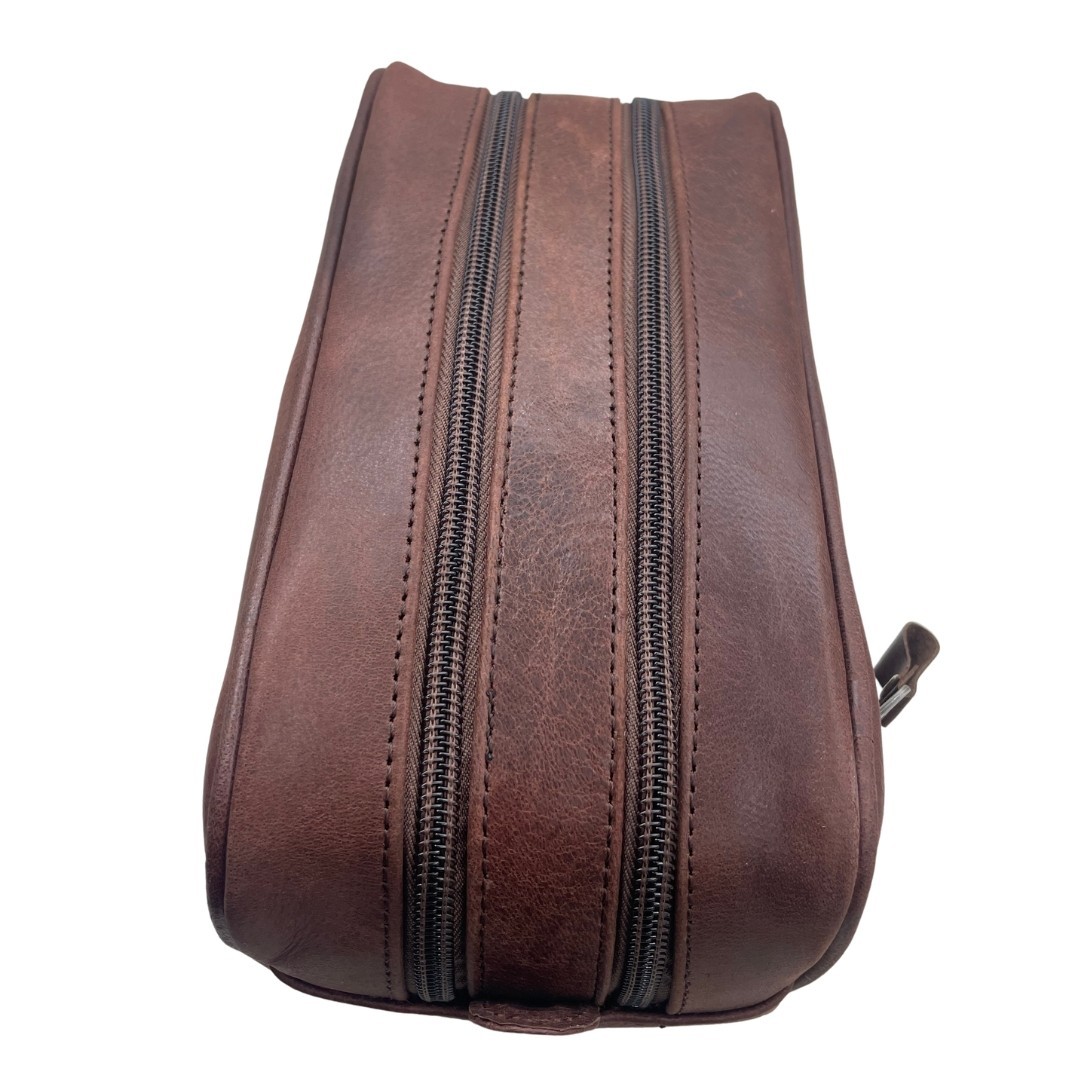 Premium Leather Toiletry Bag for Men – Compact Double Zipper Travel Dopp Kit