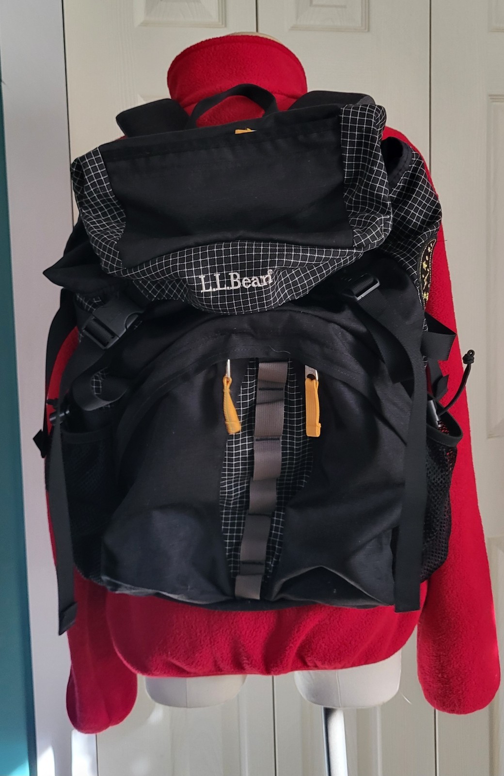L L Bean Backpack Unisex Hiking Travel Black with Checkered Sides Top
