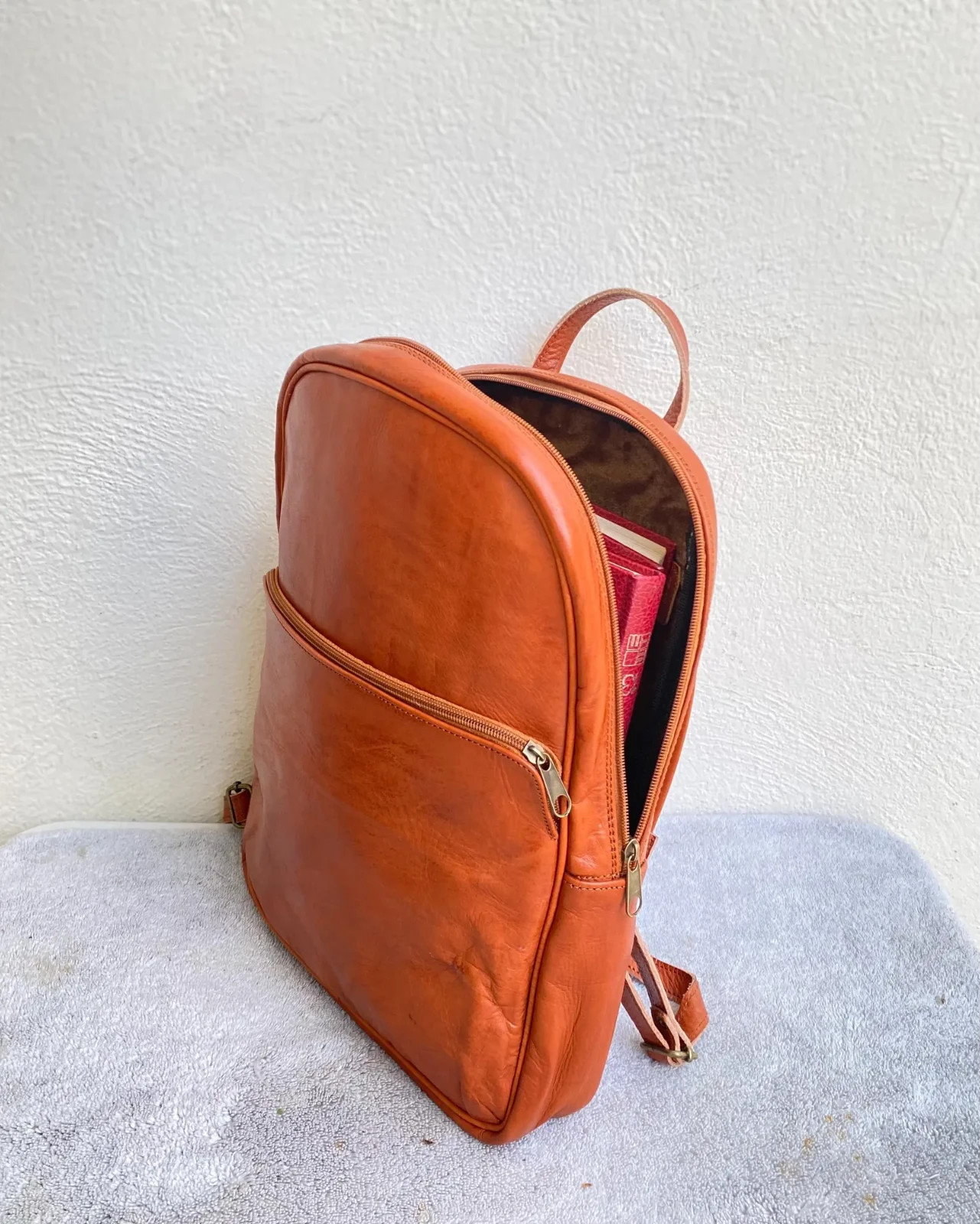 Handcrafted Genuine Leather Round Satchel Bag – Cognac | Double Front Pockets