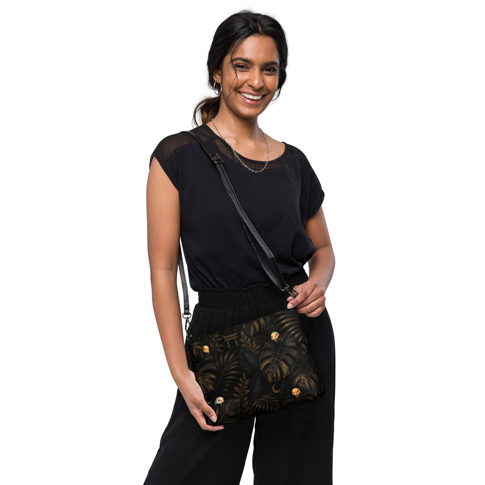 Lovebird Crossbody Bag, Black Gold Bird Purse, Faux Leather Handbag