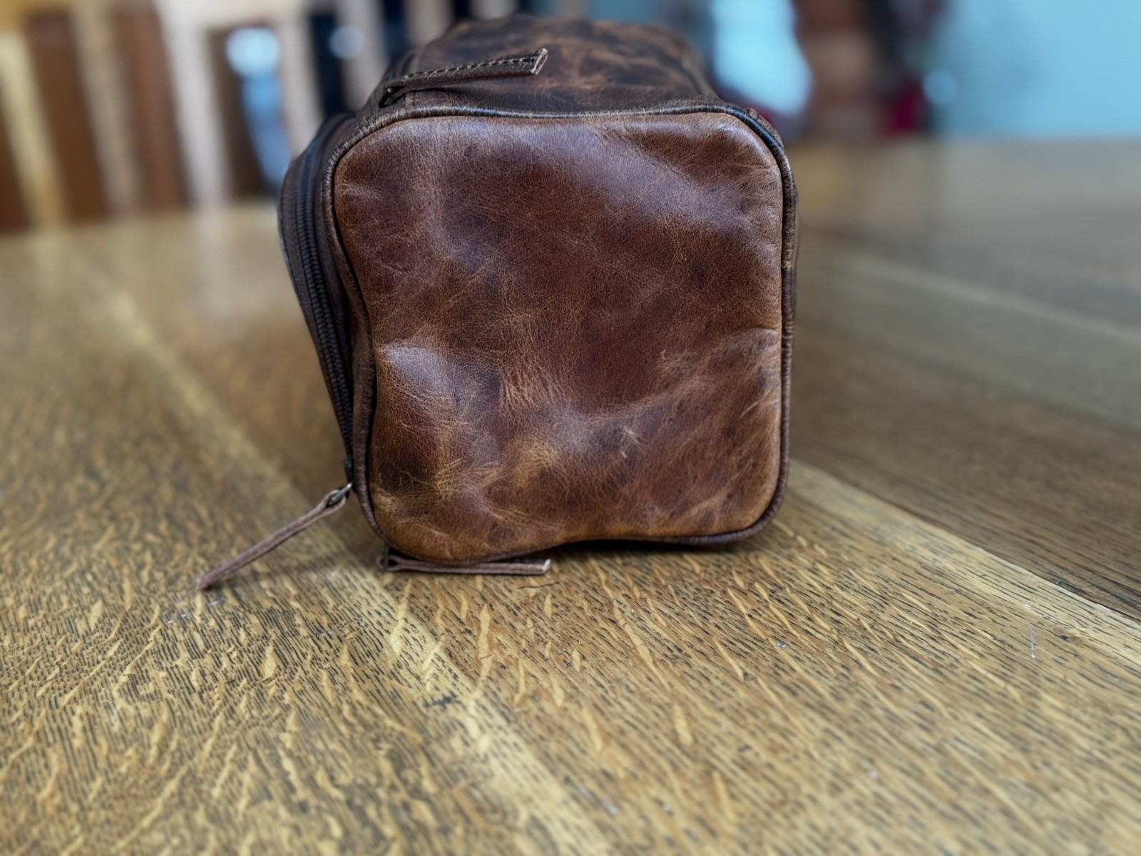 Medium size Grain Leather Dopp Kit Shaving Toiletry Travel Bag Dark Brown