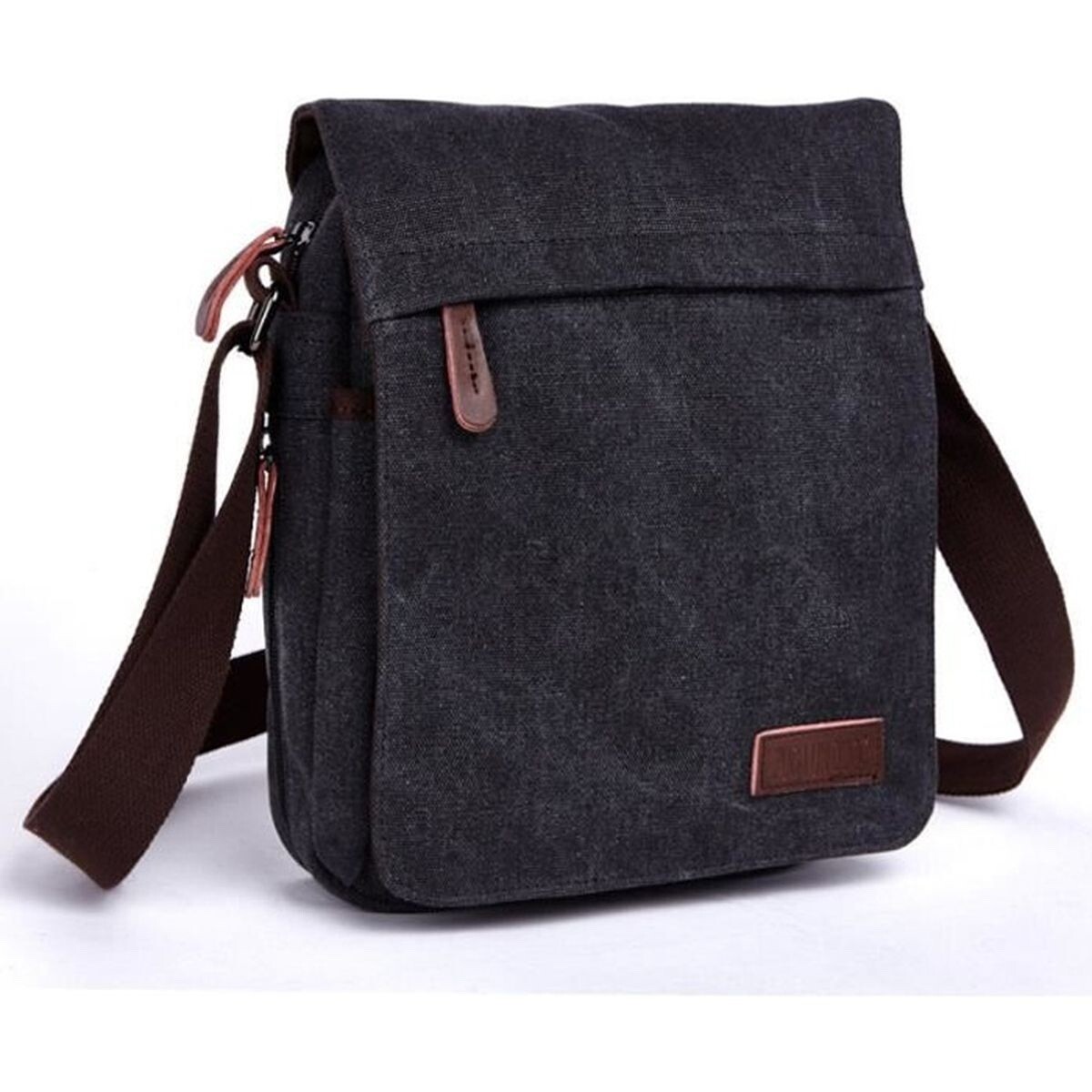 Vintage Men’s Solid Color Black Canvas Crossbody Bag 30x22x6.5cm