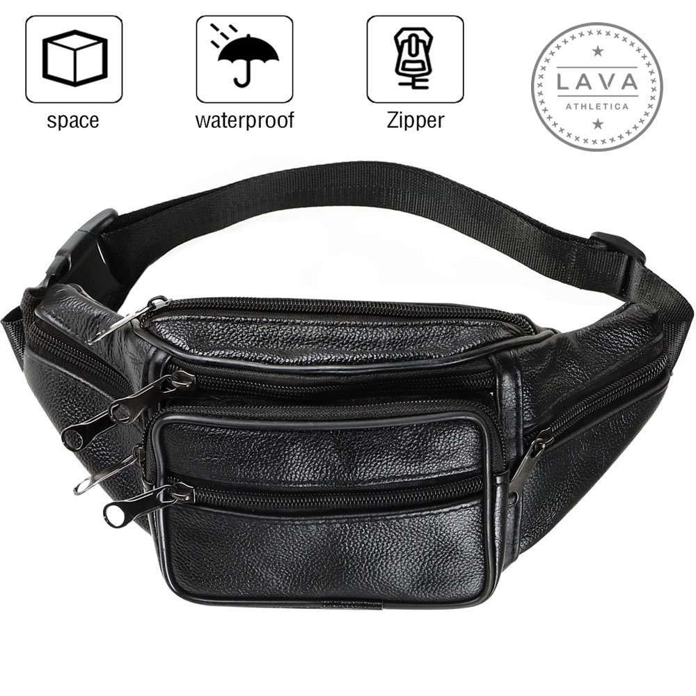 Genuine Leather Fanny Pack Multi Zippered Waist Bag Hip Belt Purse Black Pouch