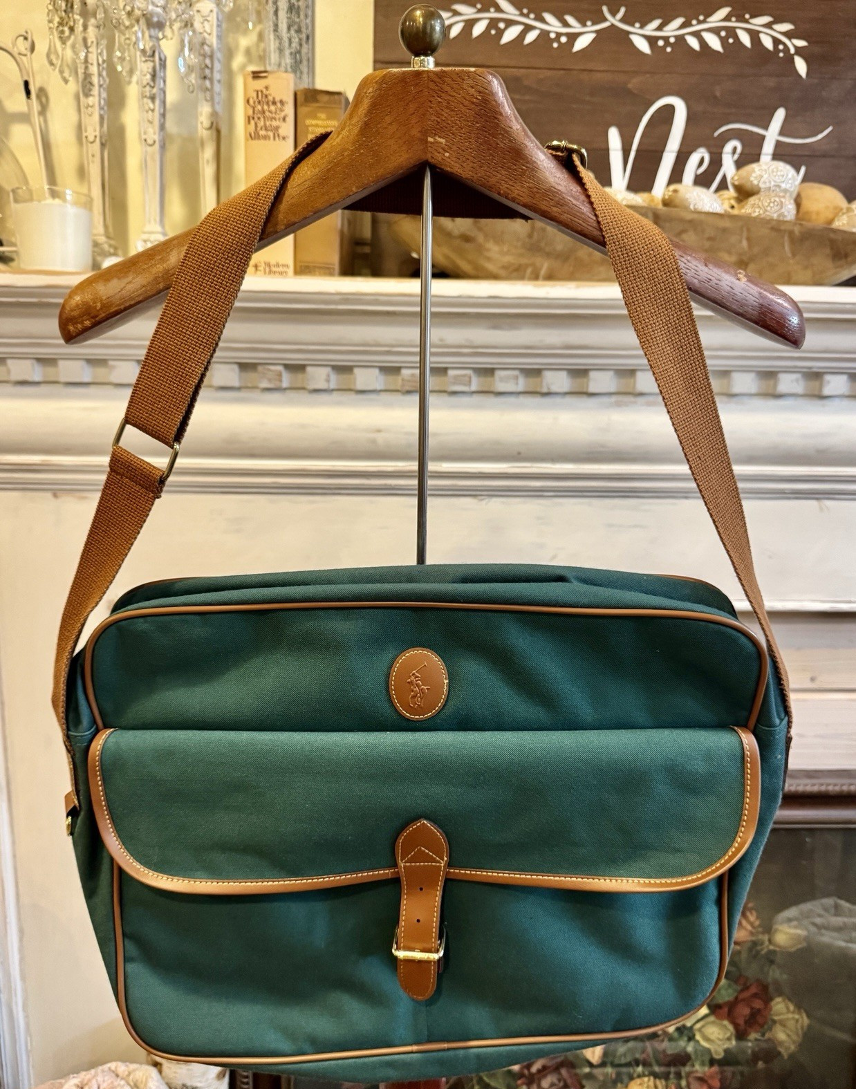 Polo Ralph Lauren Green/Brown Messenger Bag Buckle Zip Pockets Adjustable Strap