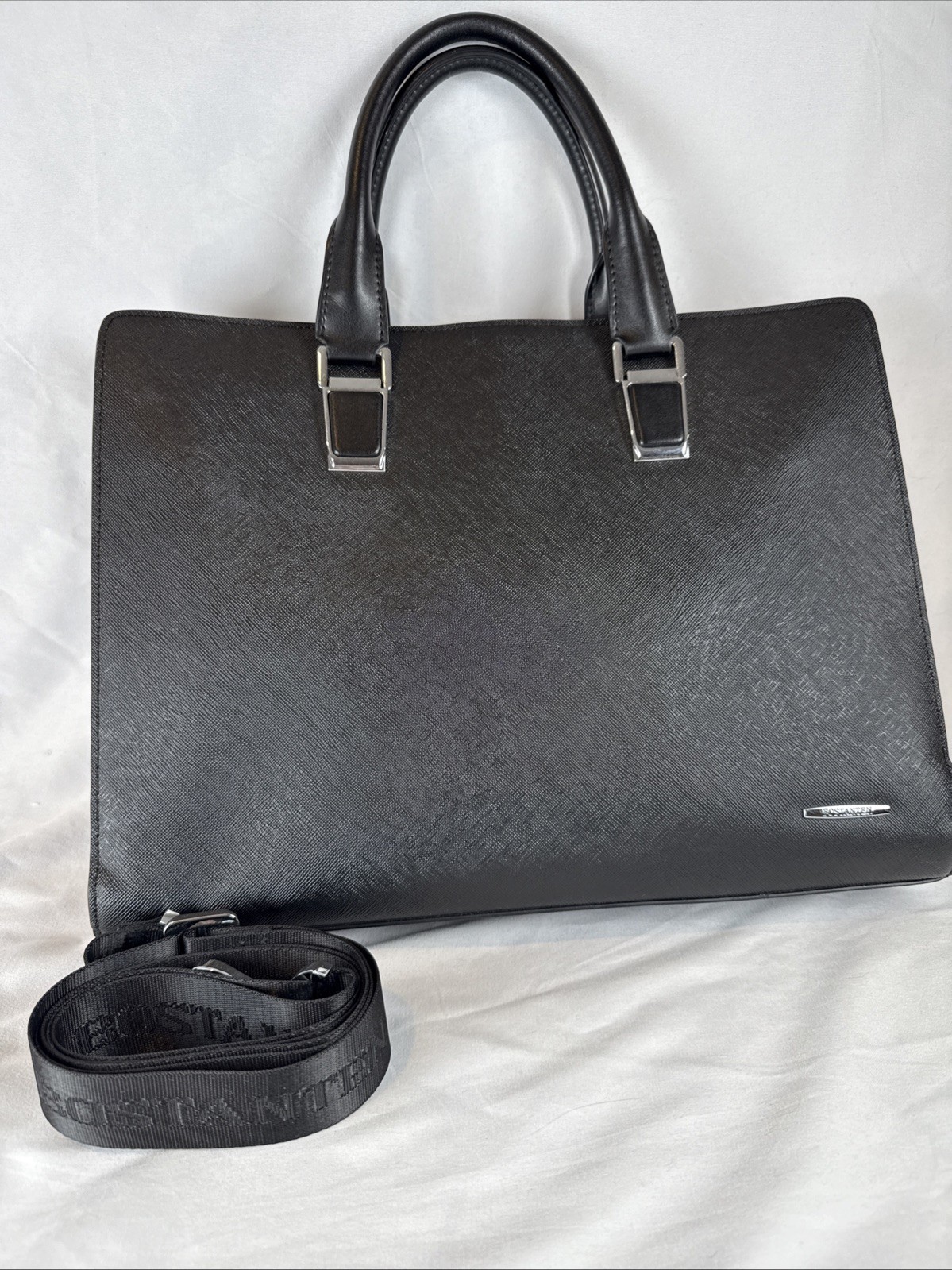 BOSTANTEN Saffiano Leather Briefcase Laptop Bag Black Tan Shoulder Strap Tote