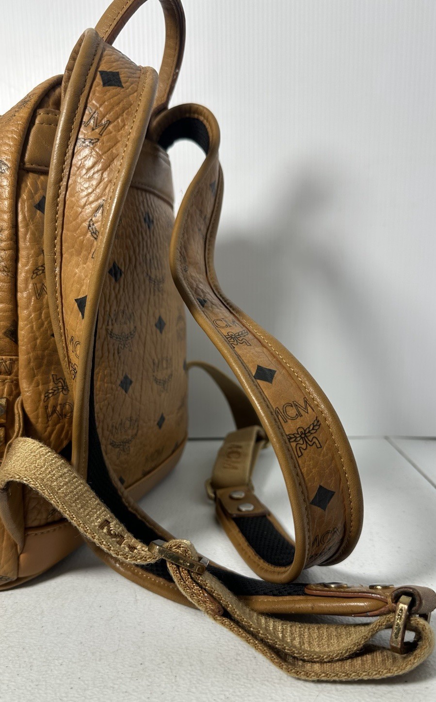 MCM Visetos Side Studs Small Backpack Camel Brown Leather Logo Studded Bag