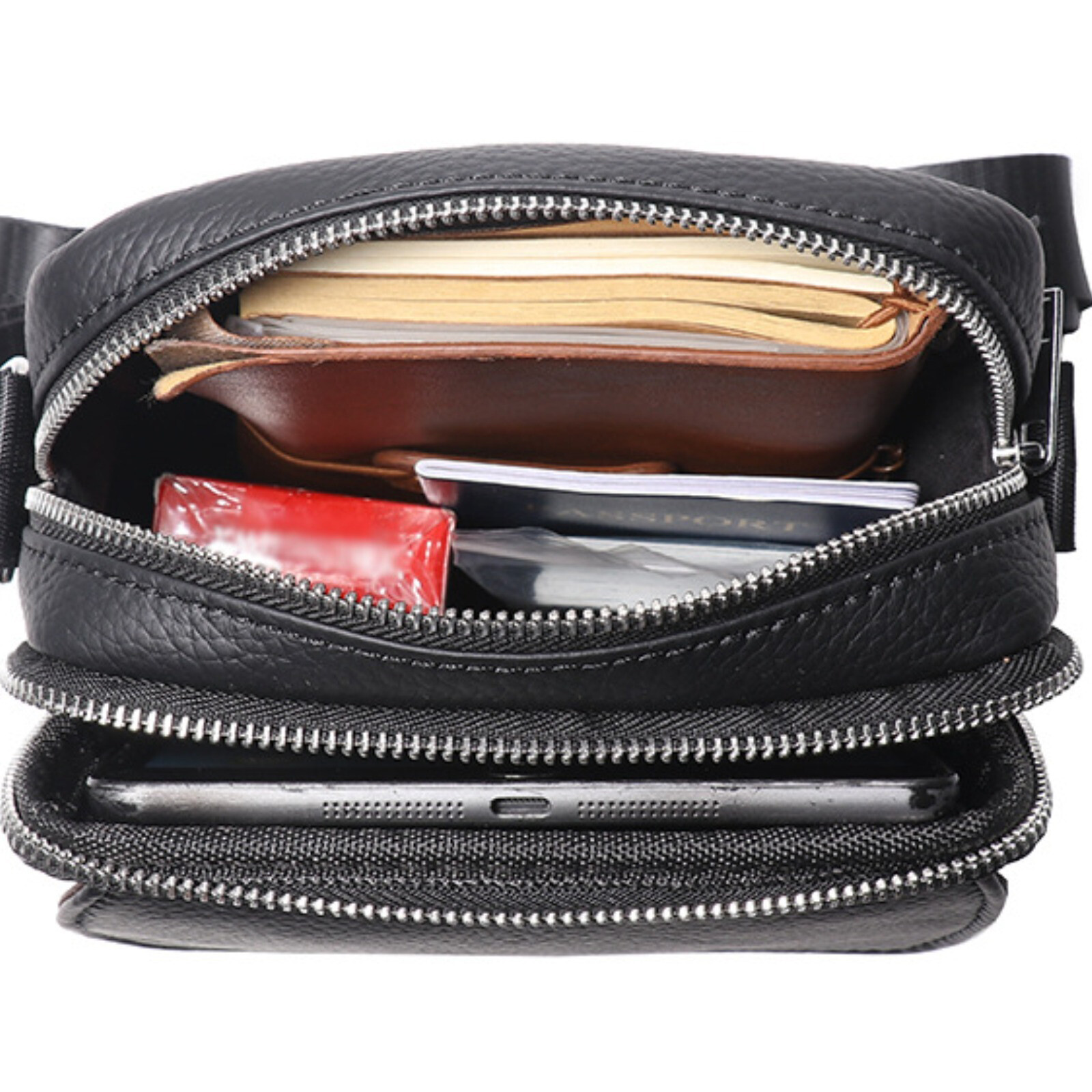 Men’s Leather Shoulder Bag Small Crossbody Multi-Pocket Travel Bag Black