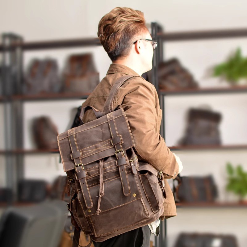 Retro Oil Wax Canvas Backpack Large Capacity Outdoor Travel Bag Leisure Knapsack