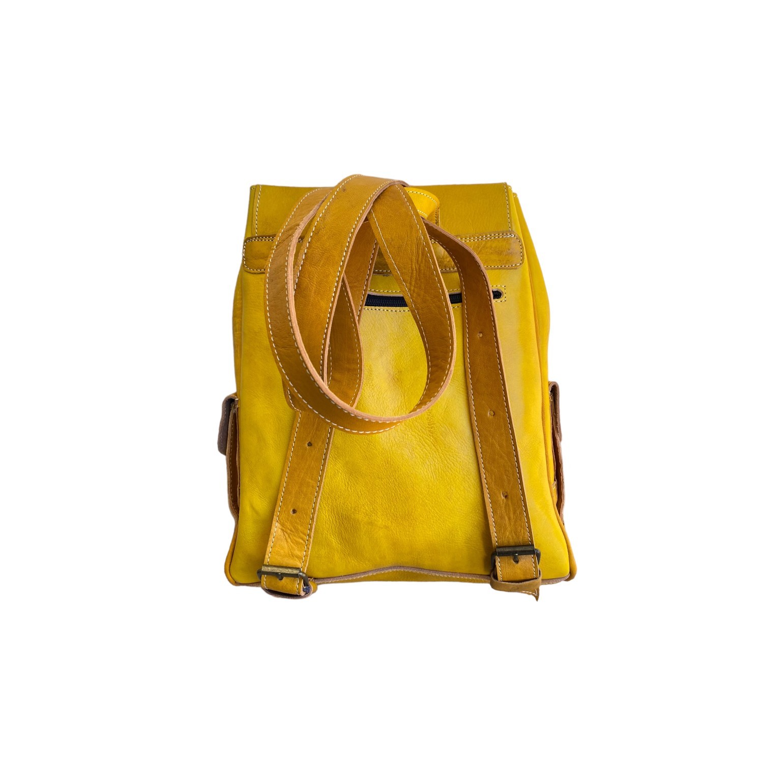 Yellow Leather Backpack Handmade Morocco Belt Buckle Front Back Pocket