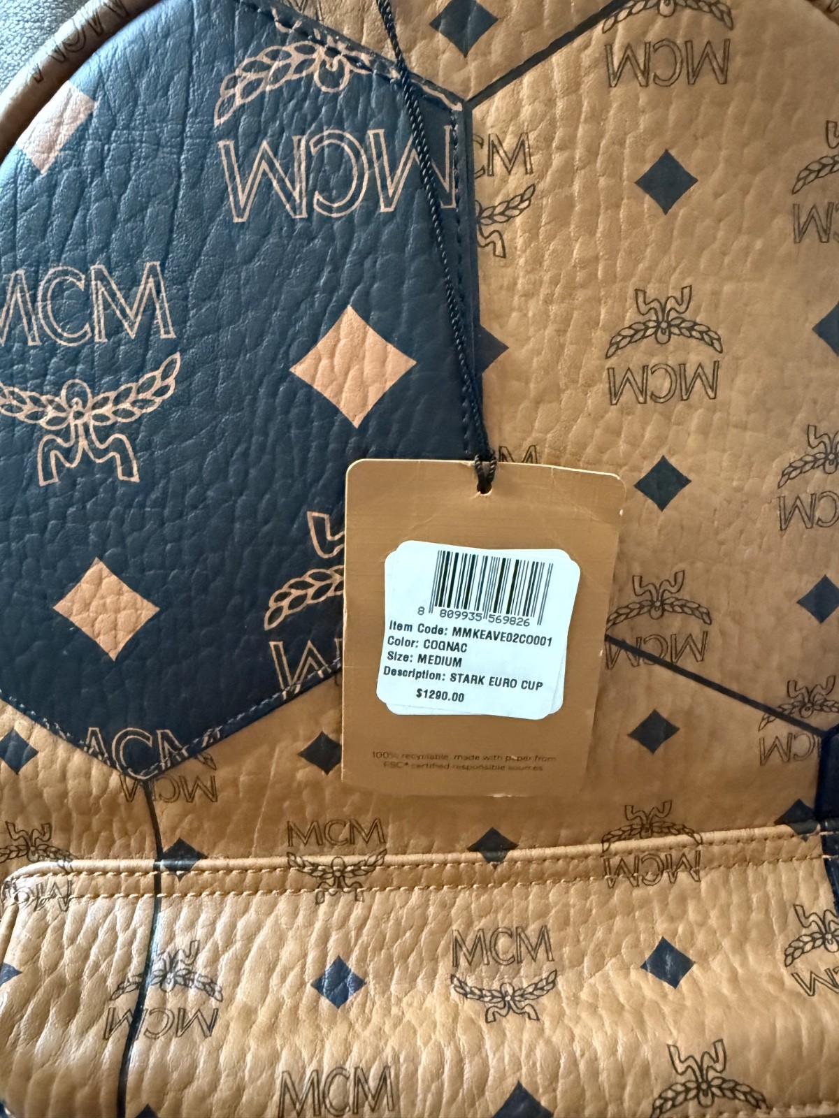 NEW MCM Stark Euro Cup Medium Backpack Cognac Black Visetos NWT Dust Bag