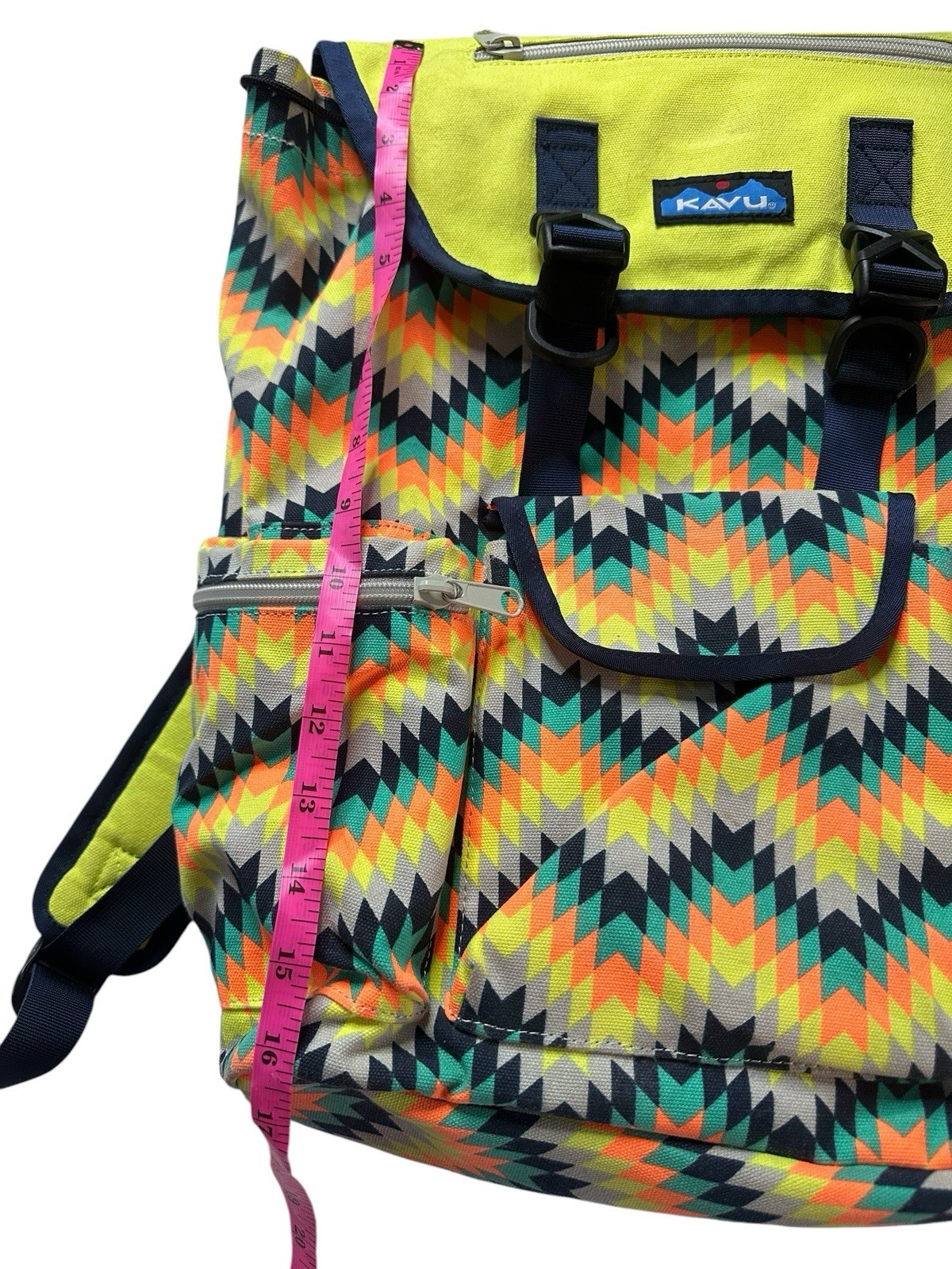 KAVU Two Strap Paracord Backpack Colorful Neon Print Travel Bag Many Pockets