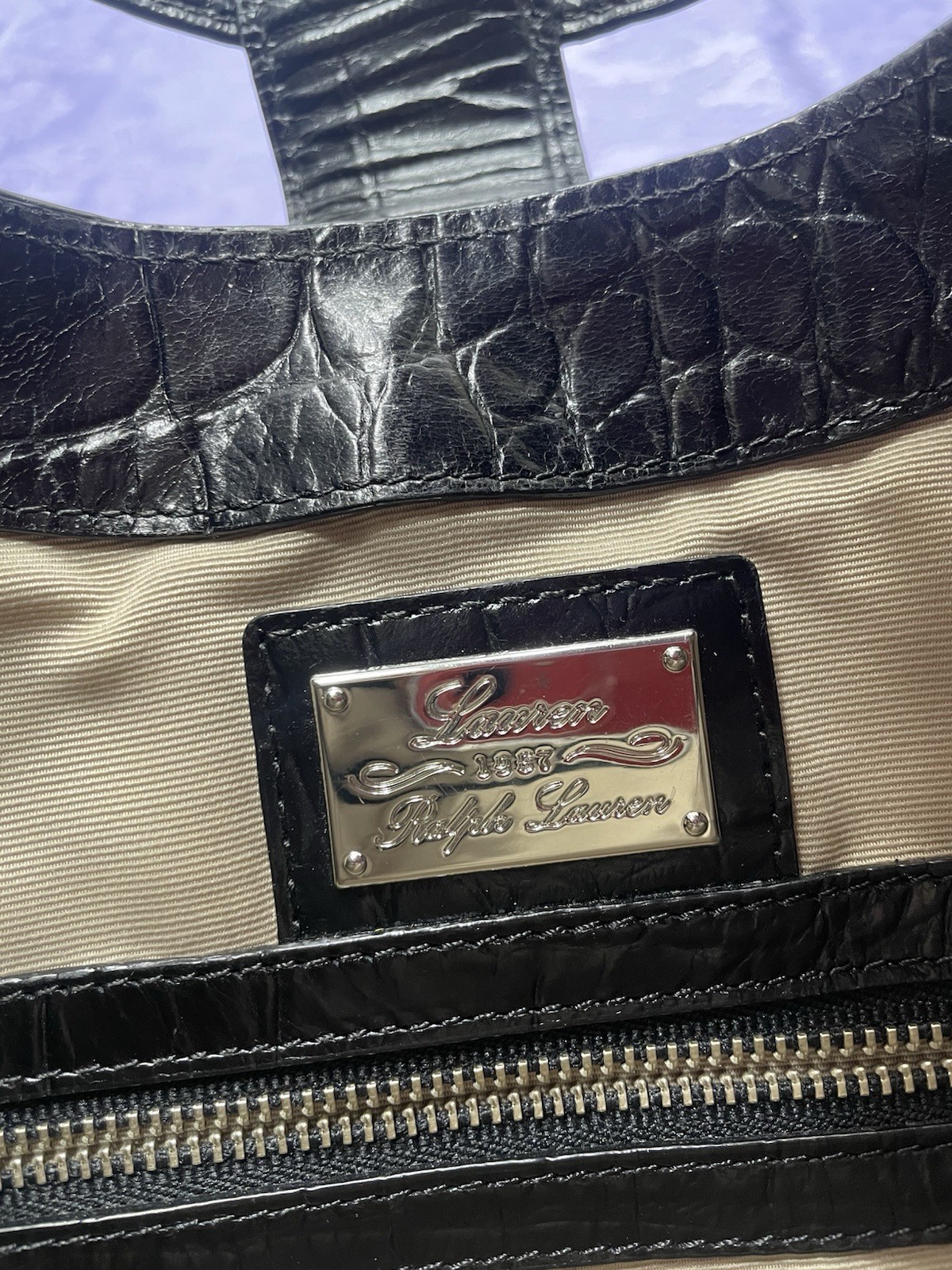 Lauren Ralph Lauren Black Croc Embossed Leather Hobo Shoulder Bag Y2K Push Lock