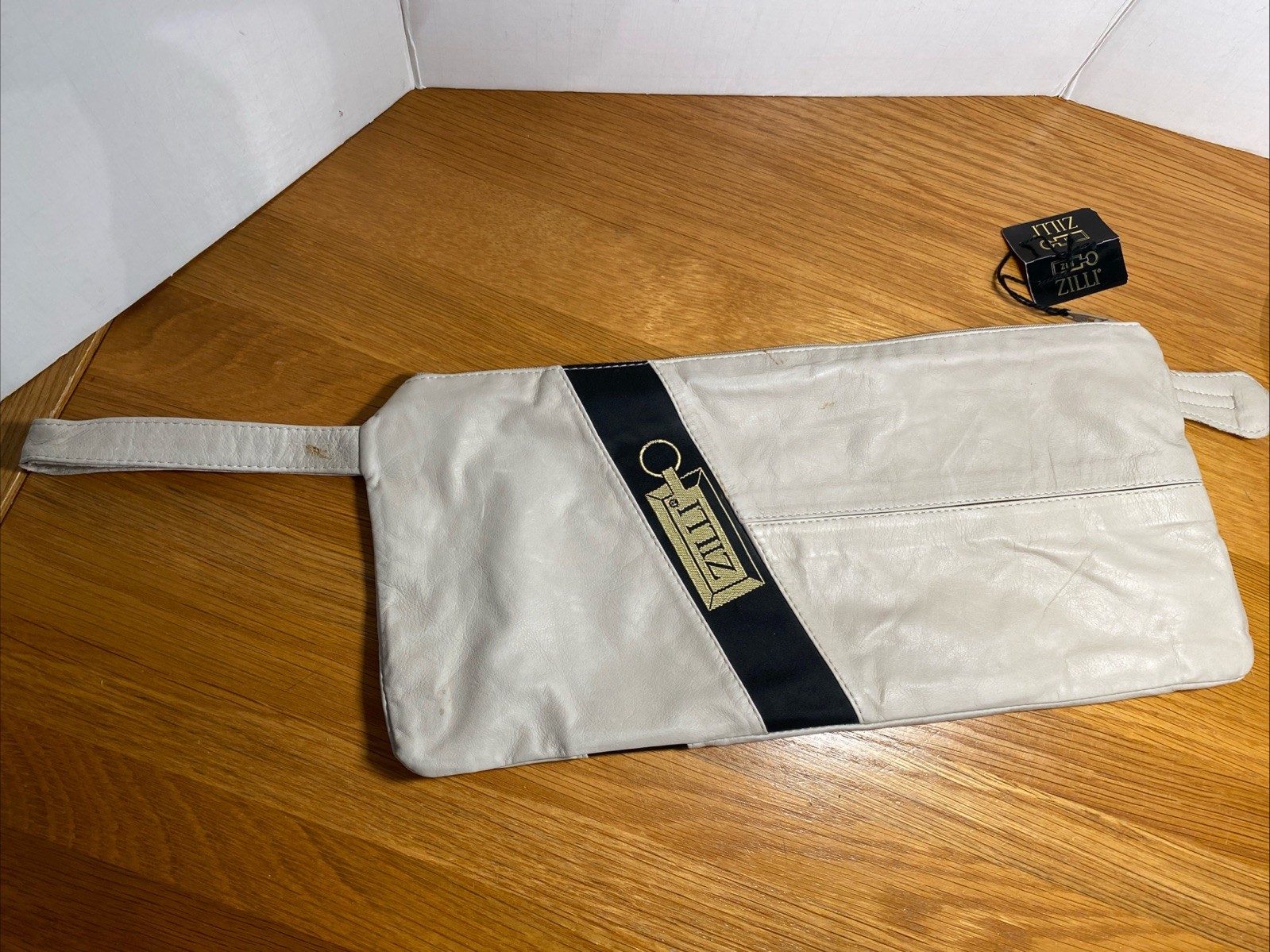 ZILLI LEATHER Zippered POUCH / BAG with gold Zilli logo, 12.5 inches long