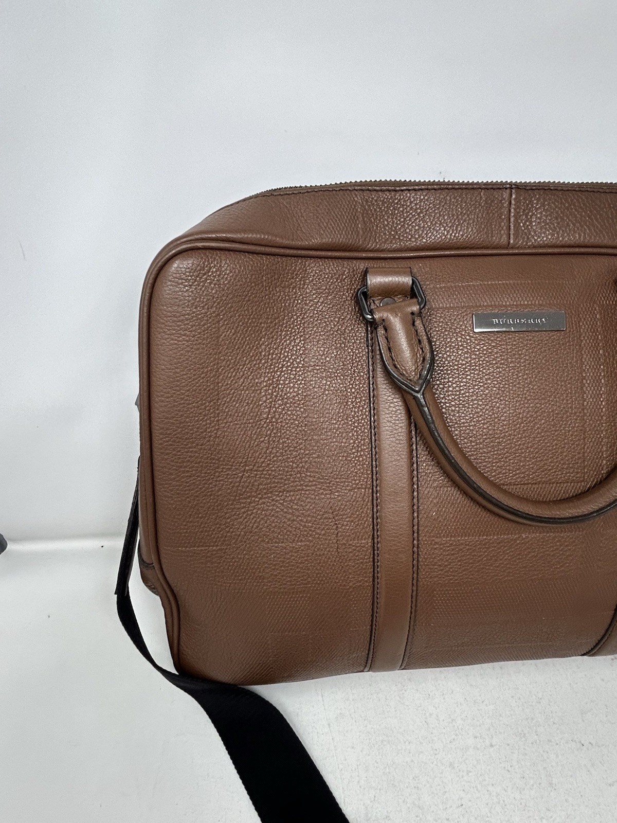 Burberry Authentic Maxwell Grain Check Briefacse Brown Leather Bag