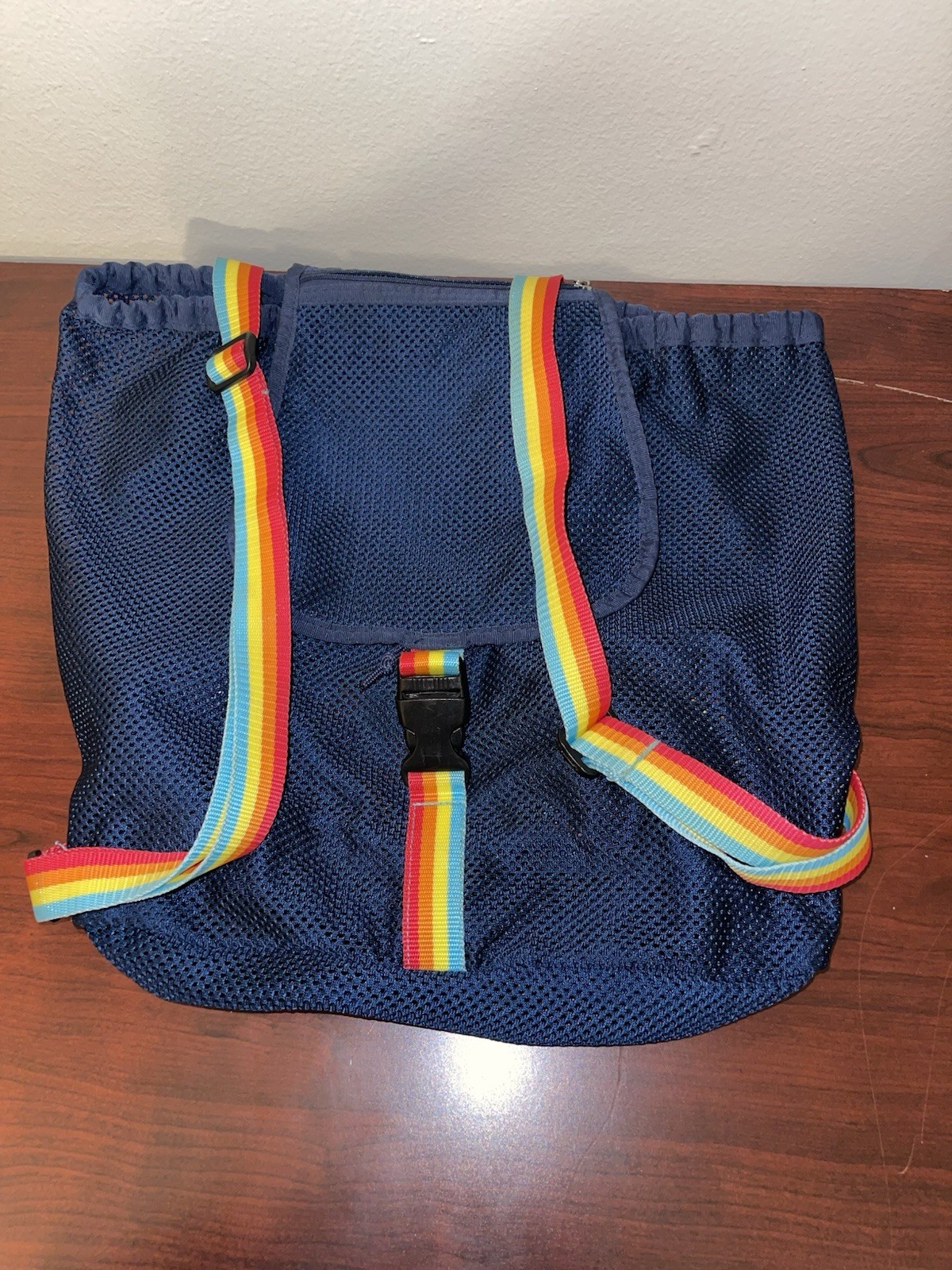Navy Mesh Daypack With Rainbow Strap